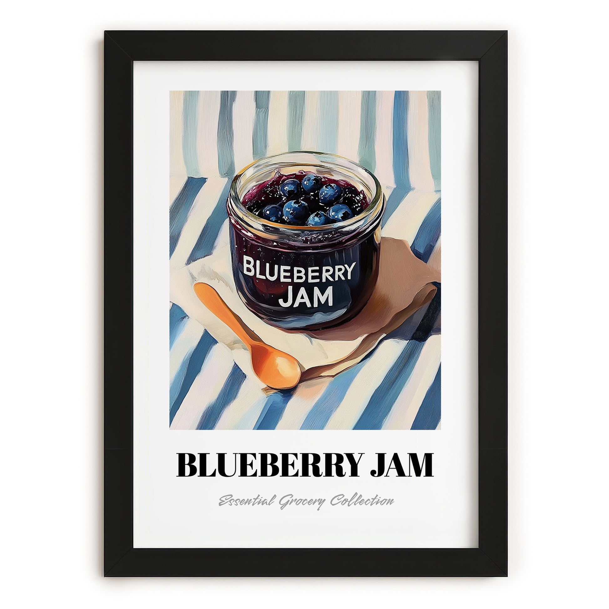 Blueberry Jam – on Striped Tablecloth, Jam Wall Decor, in sleek black frame