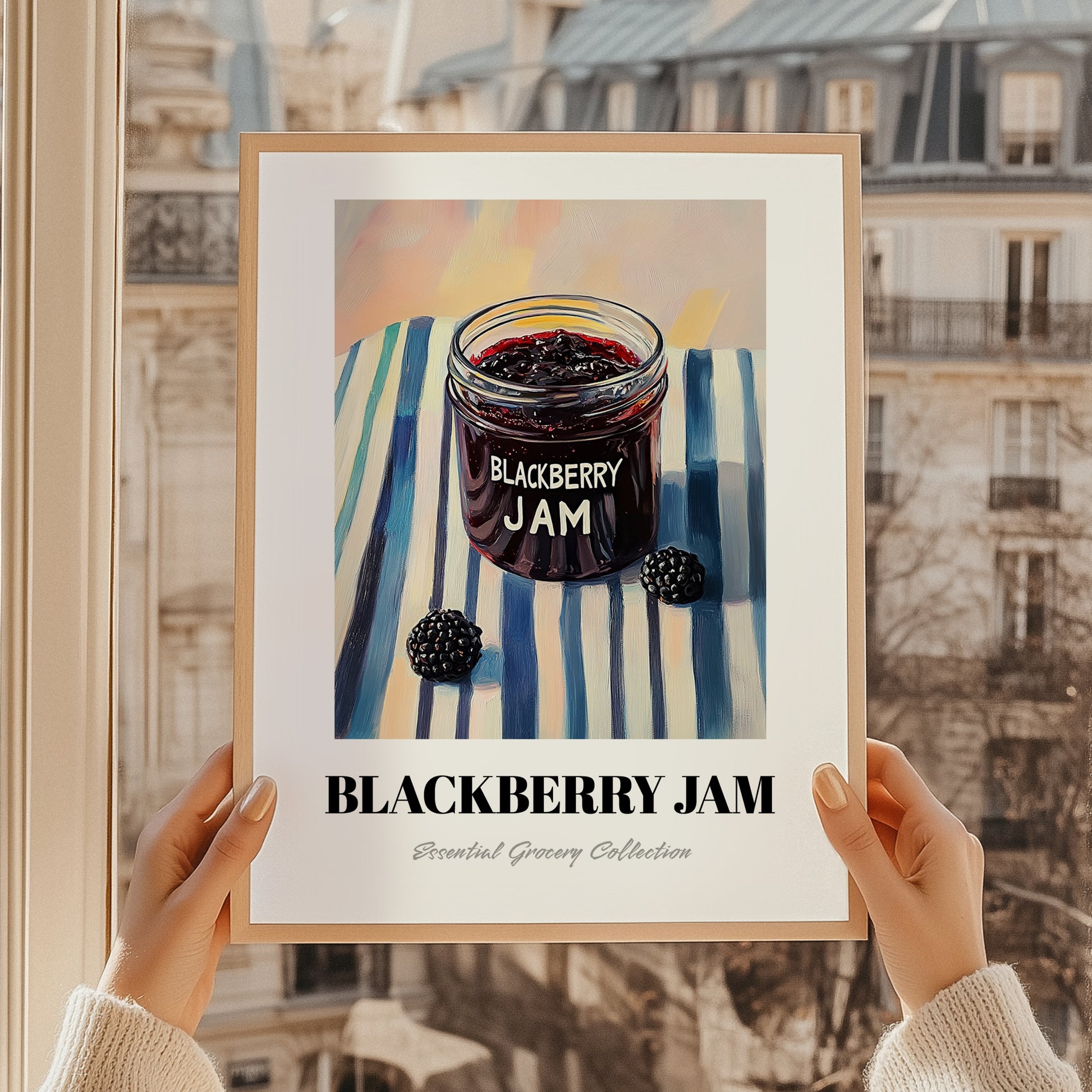 Blackberry Jam – on Striped Tablecloth, Jam Poster, styled in a charming Paris street view