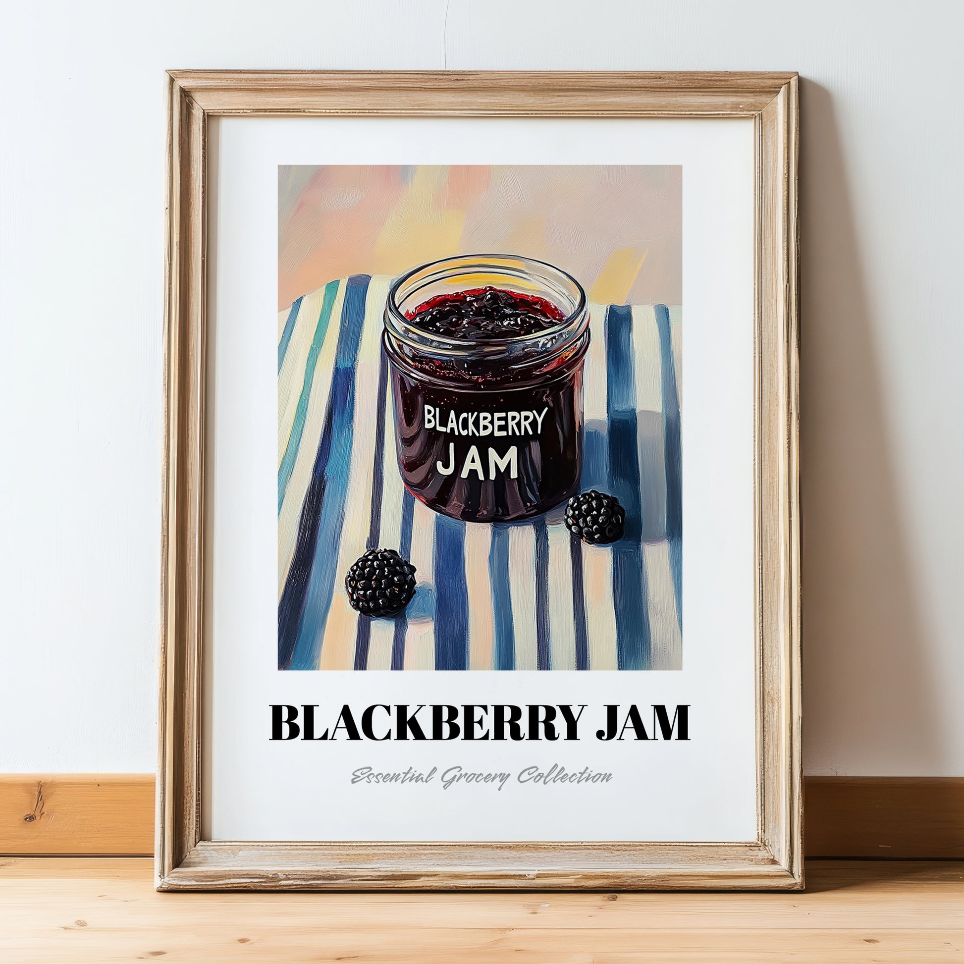 Blackberry Jam – on Striped Tablecloth, Jam Poster, in wooden frame leaning on the floor