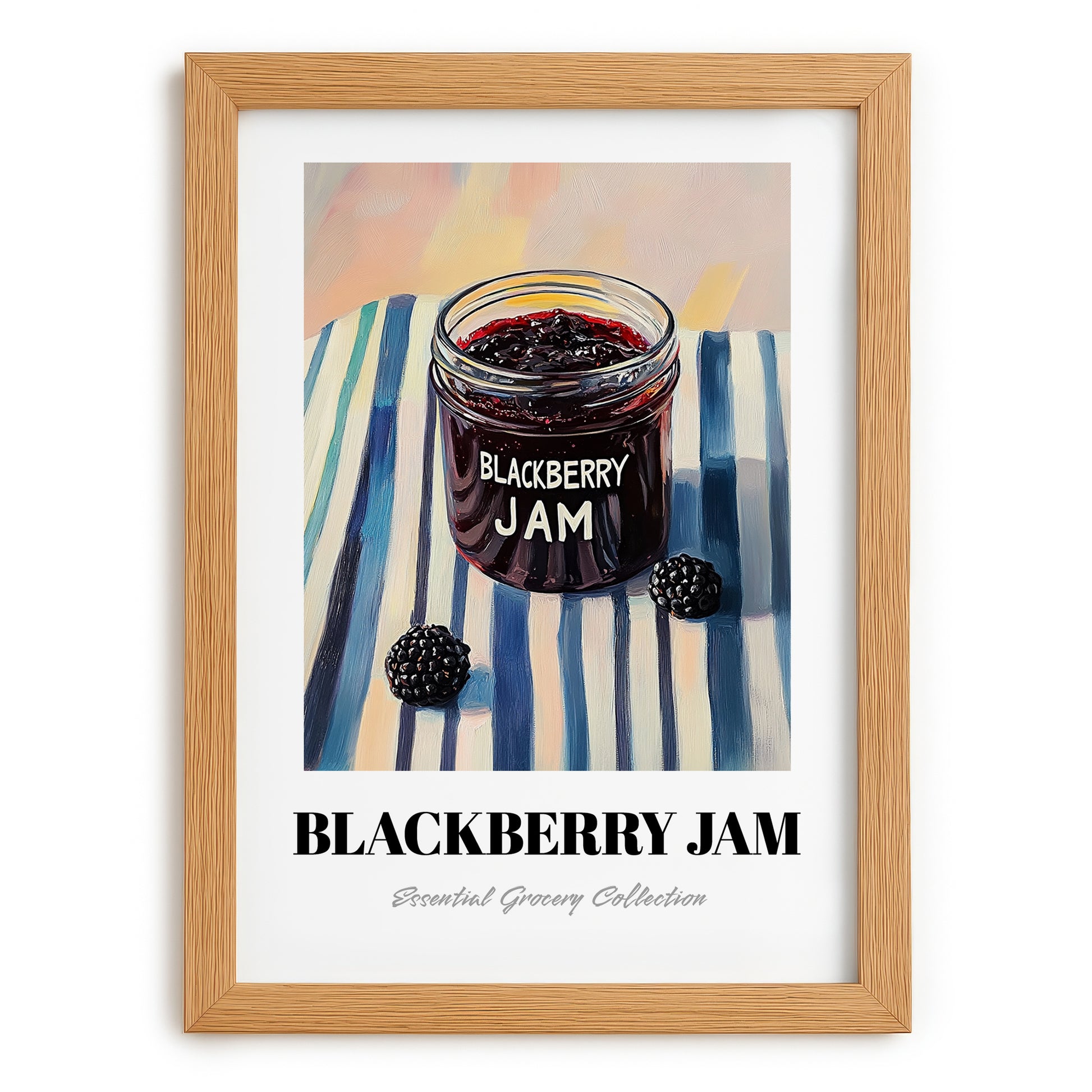 Blackberry Jam – on Striped Tablecloth, Jam Poster, set in oak frame