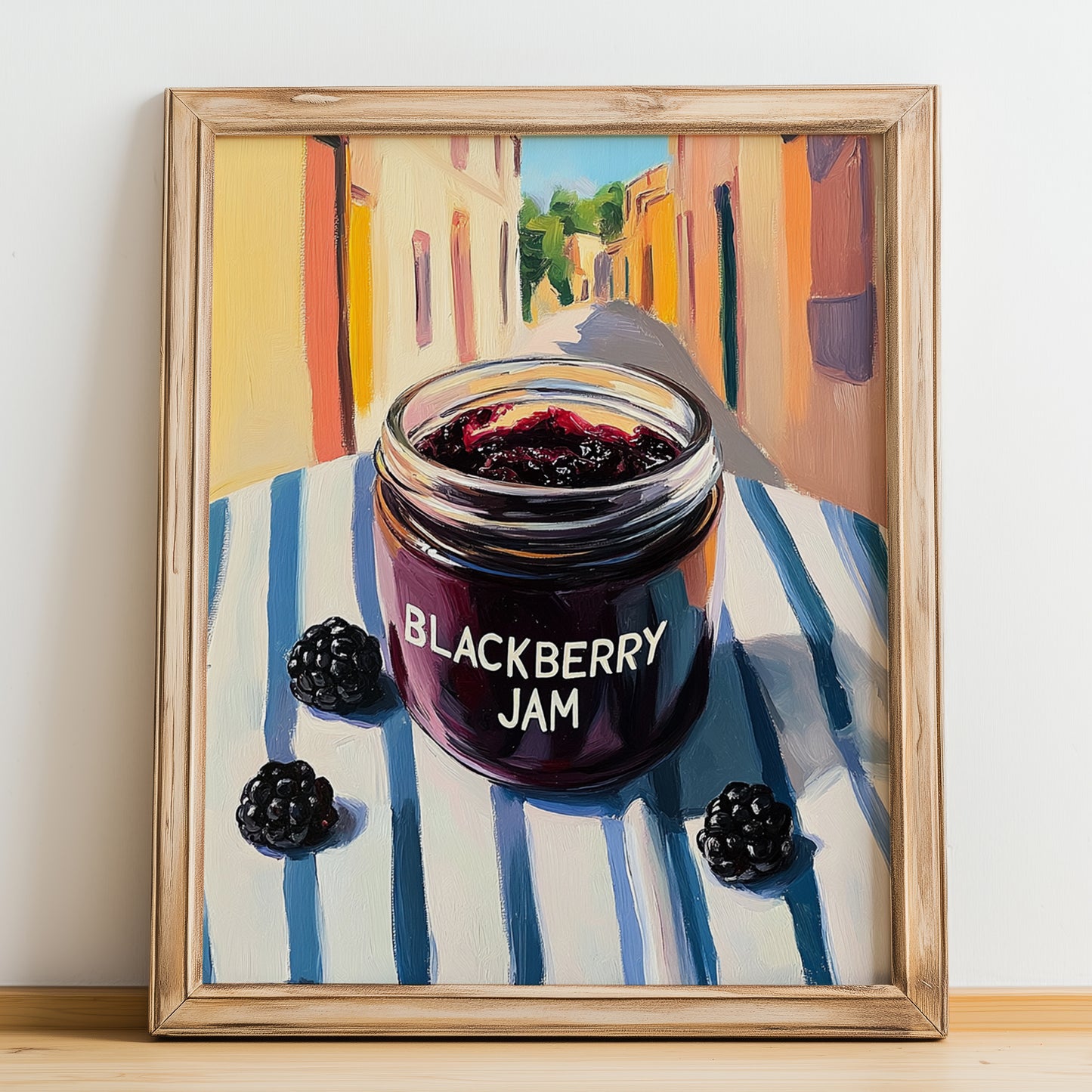 Blackberry Jam – Italian Urban Café Scene, Jam Print, no-text version framed in wood