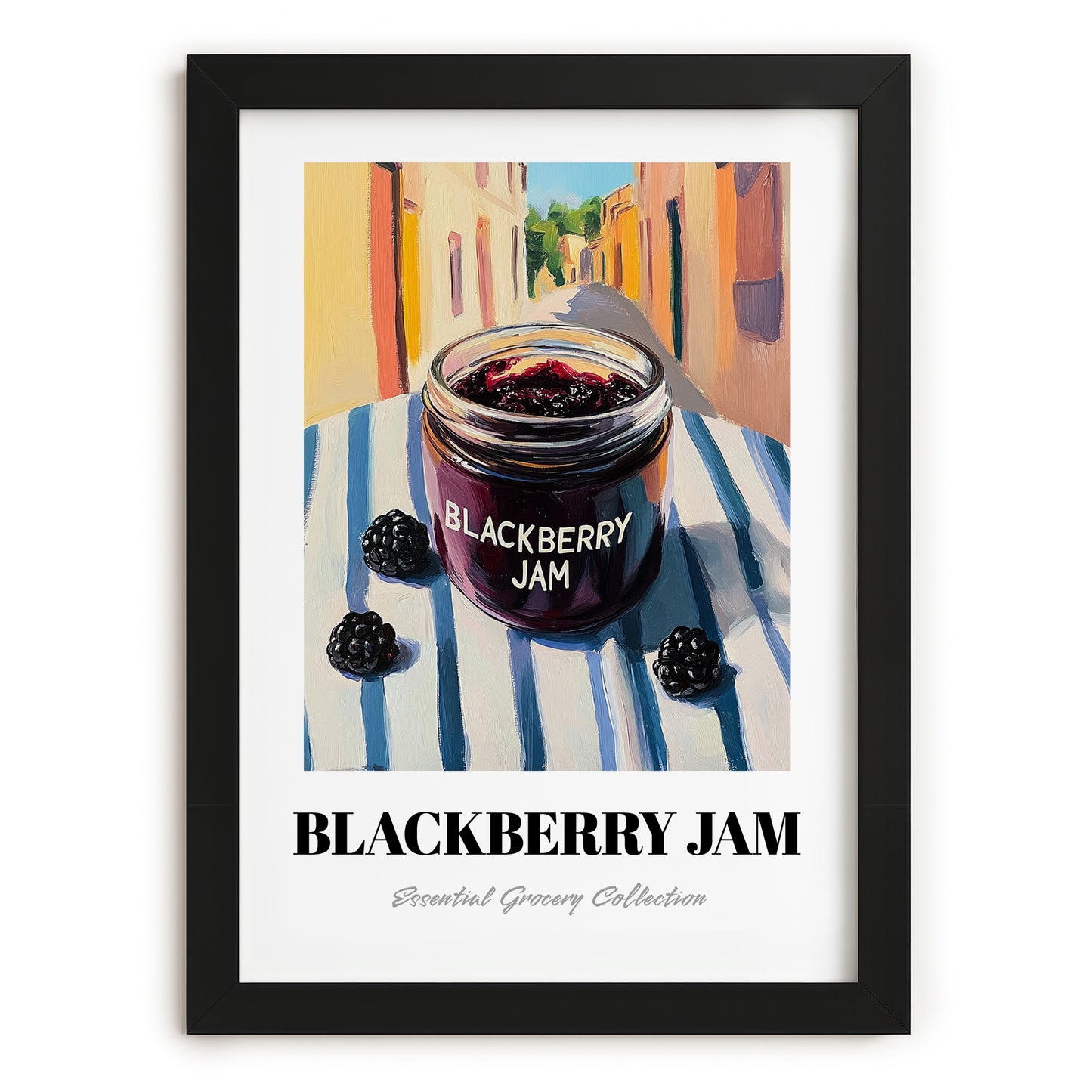 Blackberry Jam – Italian Urban Café Scene, Jam Print, in sleek black frame