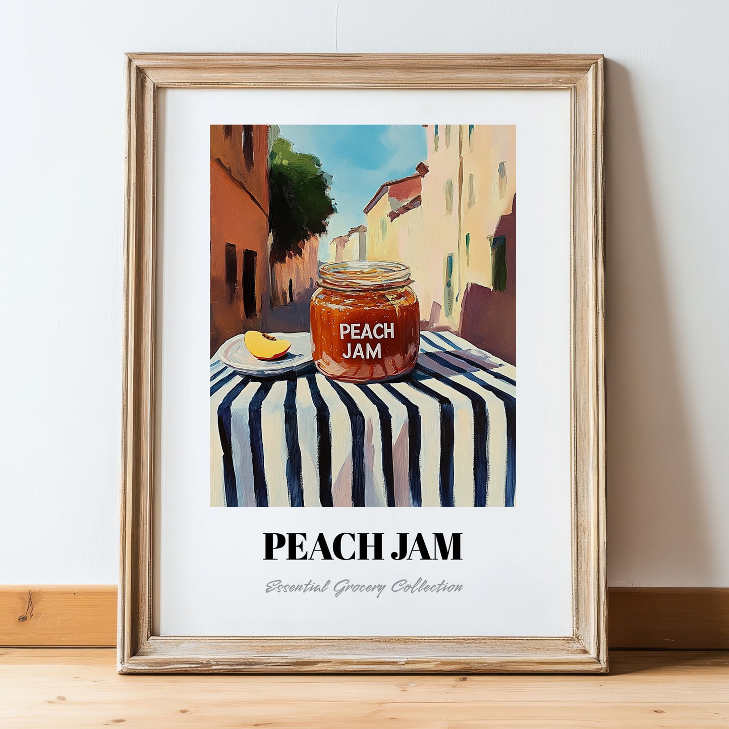 Peach Jam – Italian Street Café Scene, Jam Poster, in wooden frame leaning on the floor