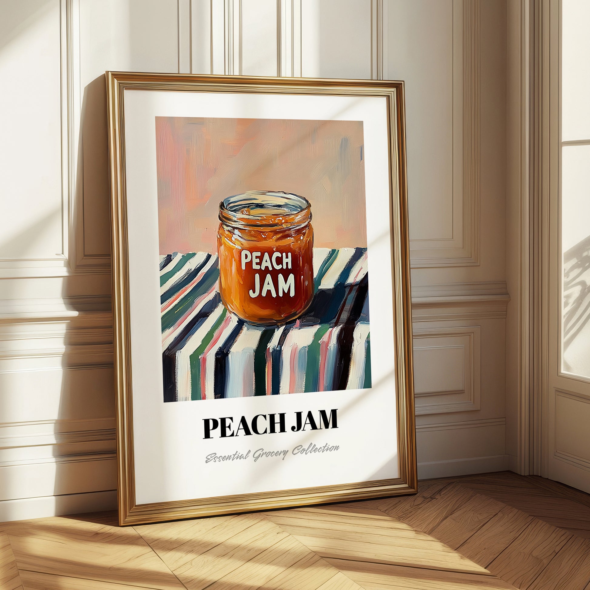 Peach Jam – on Striped Tablecloth, Jam Wall Decor