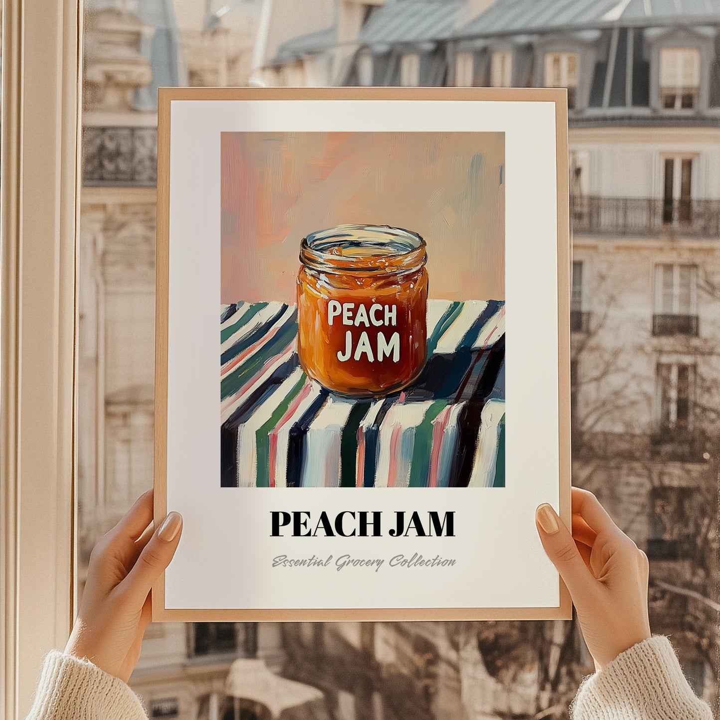 Peach Jam – on Striped Tablecloth, Jam Wall Decor, styled in a charming Paris street view