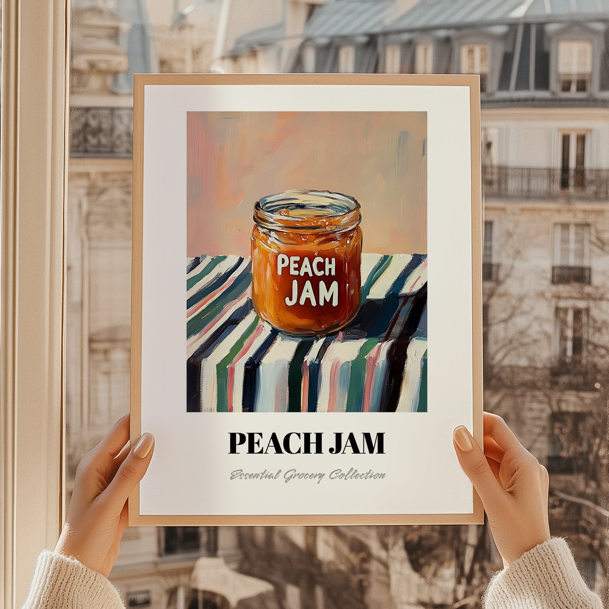 Peach Jam – on Striped Tablecloth, Jam Wall Decor, styled in a charming Paris street view