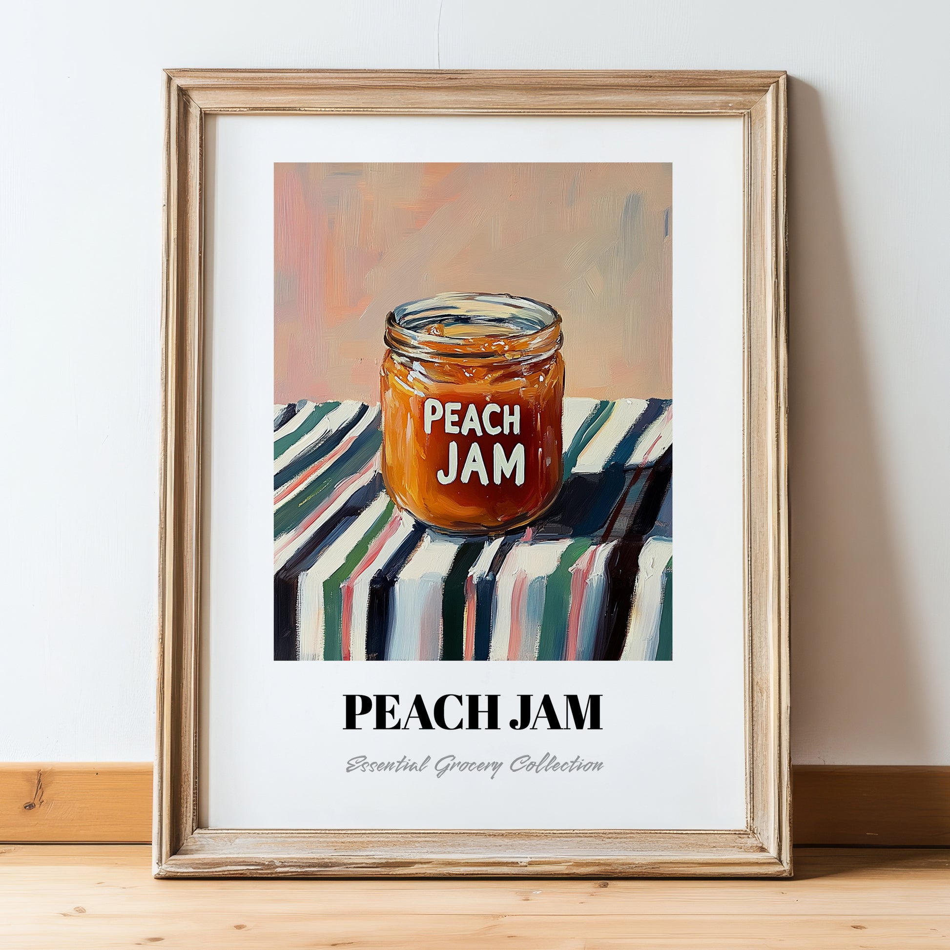 Peach Jam – on Striped Tablecloth, Jam Wall Decor, in wooden frame leaning on the floor