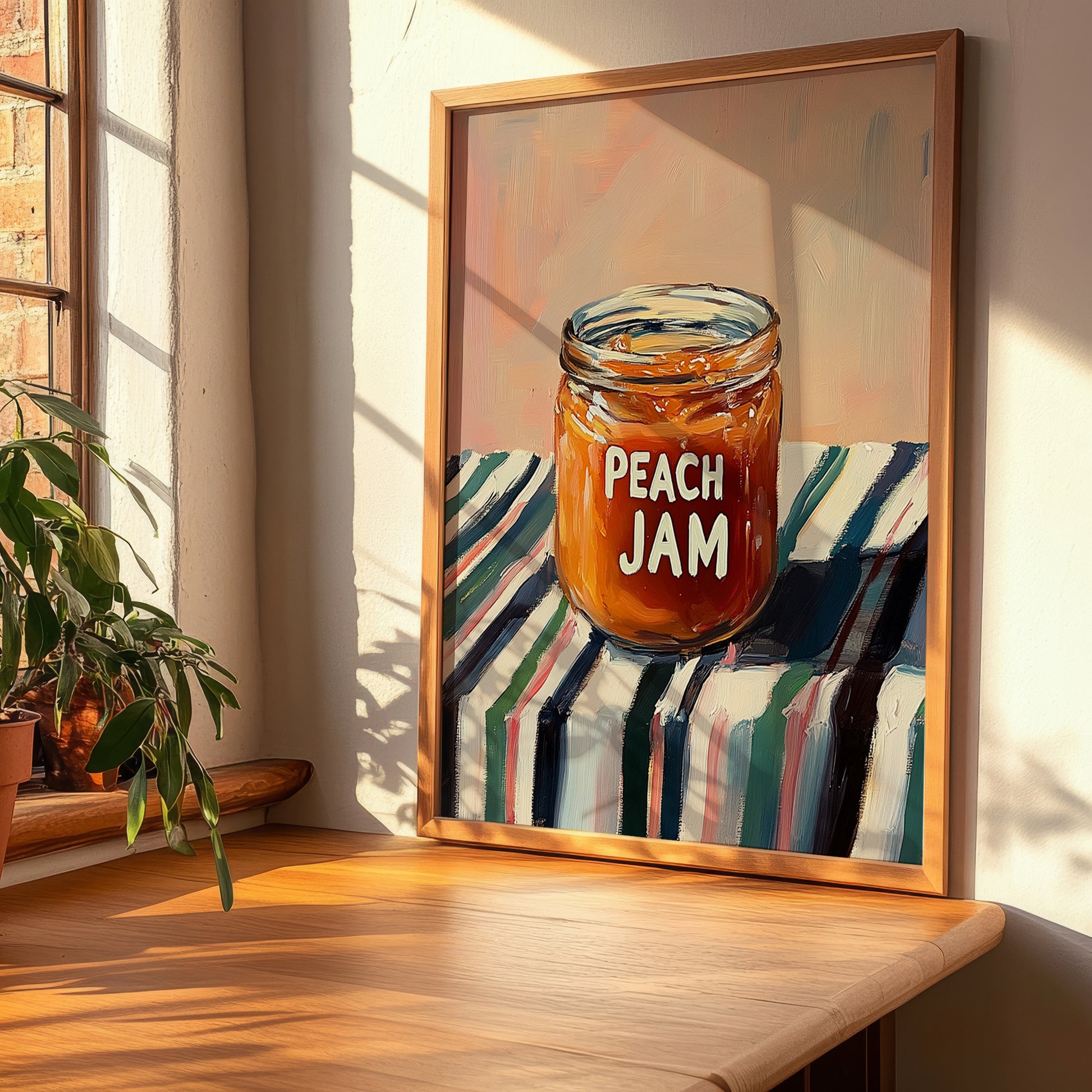 Peach Jam – on Striped Tablecloth, Jam Wall Decor, clean layout with no caption