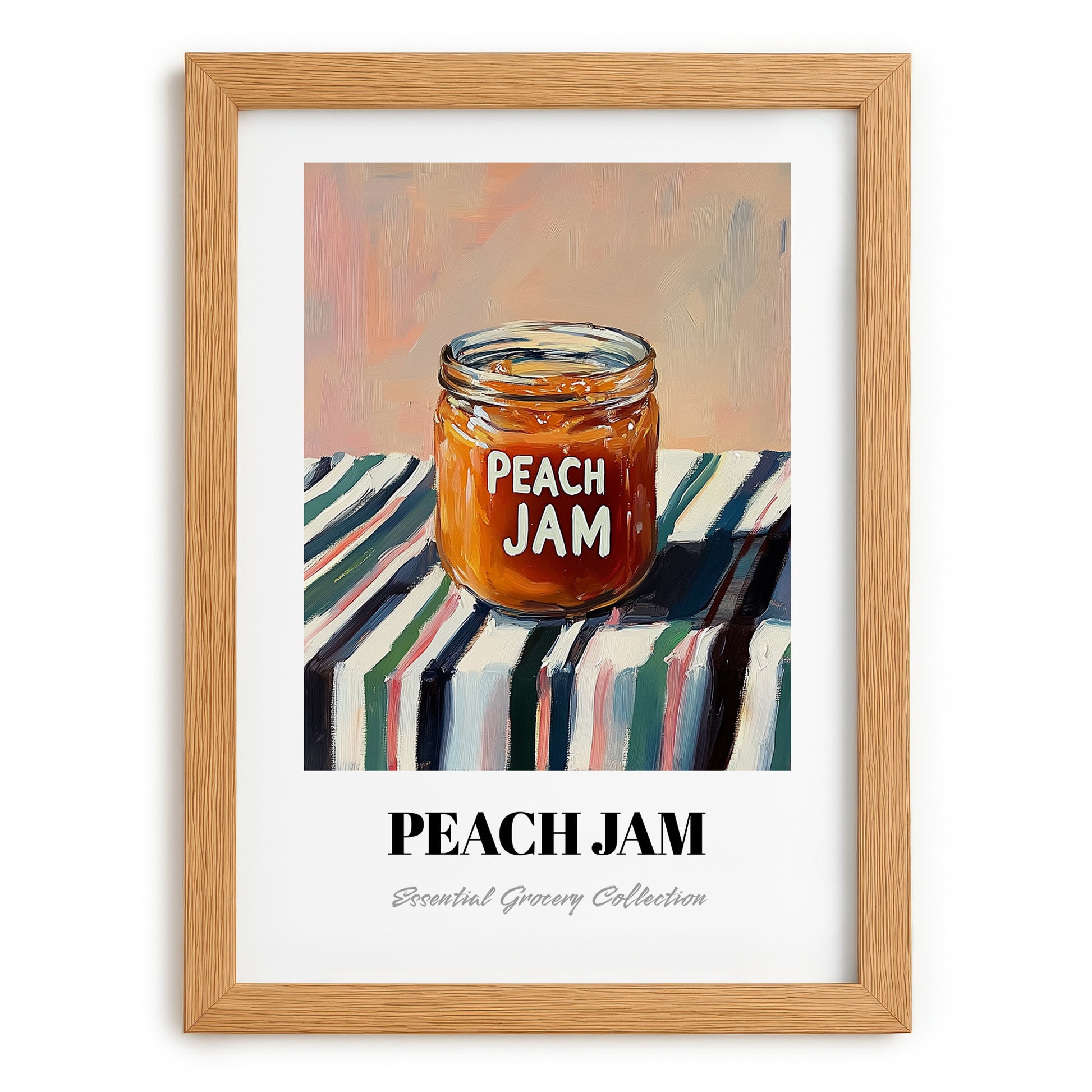 Peach Jam – on Striped Tablecloth, Jam Wall Decor, set in oak frame