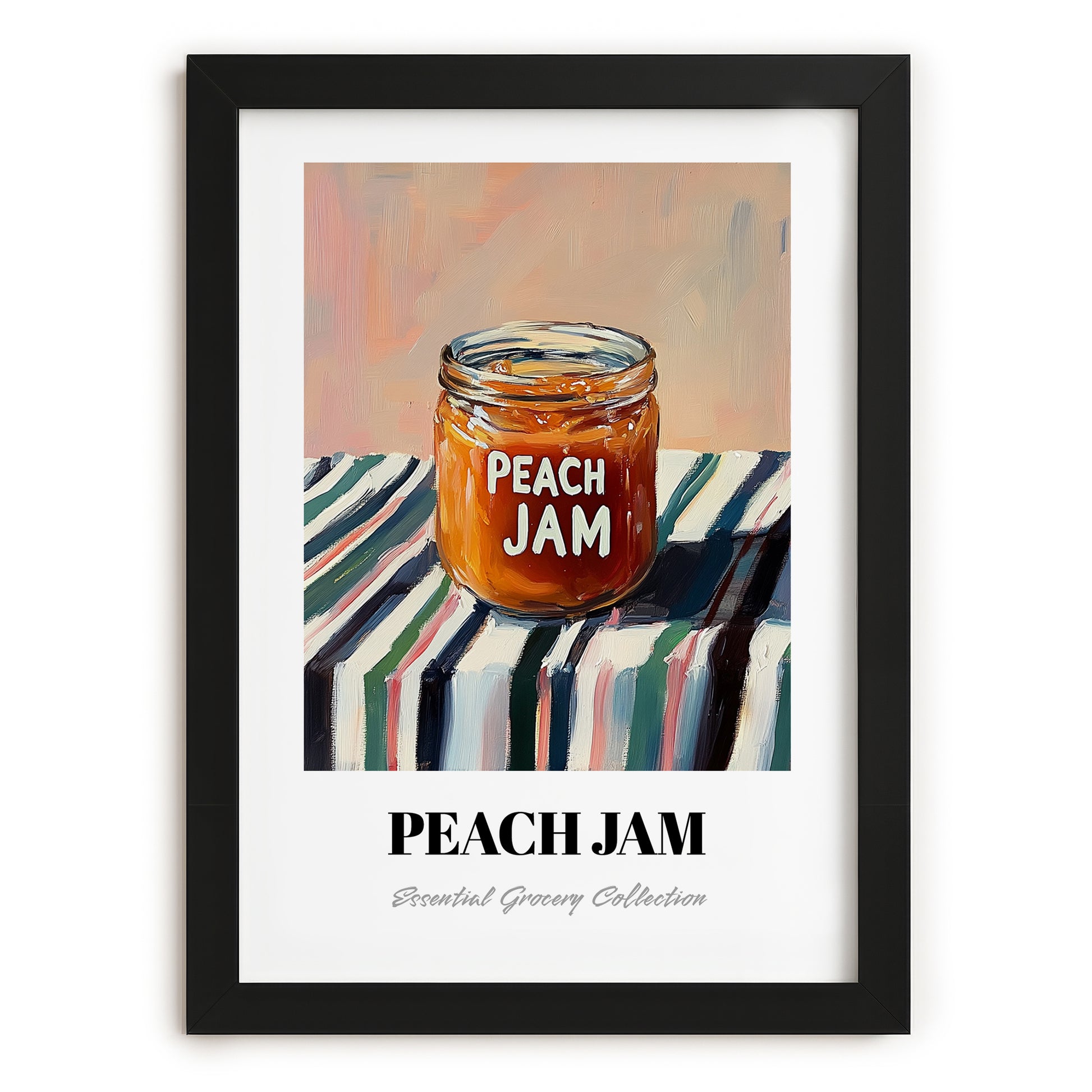 Peach Jam – on Striped Tablecloth, Jam Wall Decor, in sleek black frame