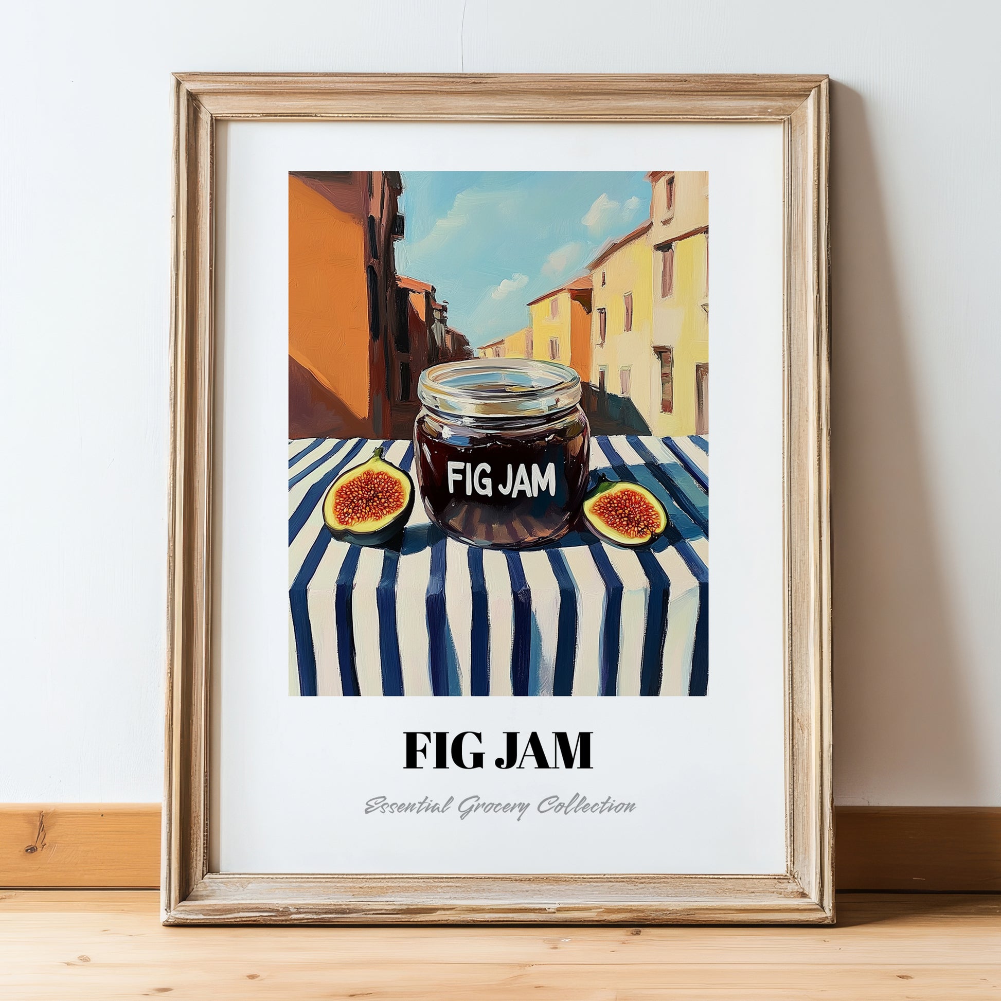 Fig Jam – Italian Café on the Corner, Jam Wall Decor, in wooden frame leaning on the floor