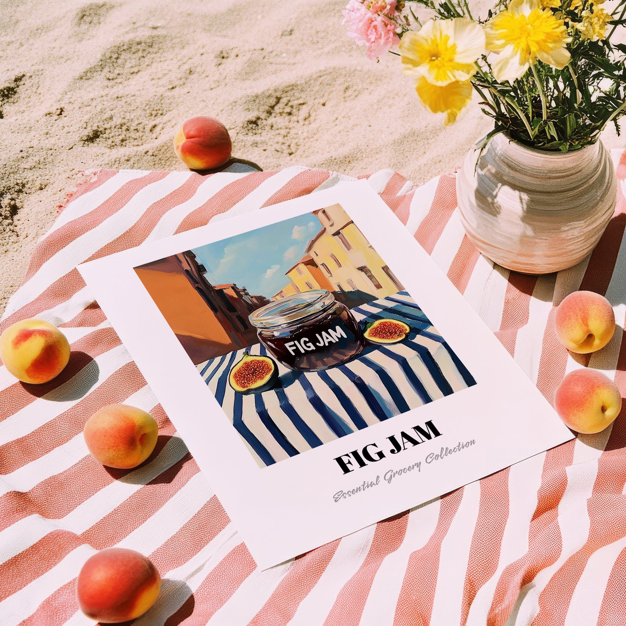 Fig Jam – Italian Café on the Corner, Jam Wall Decor, unframed on coastal sand