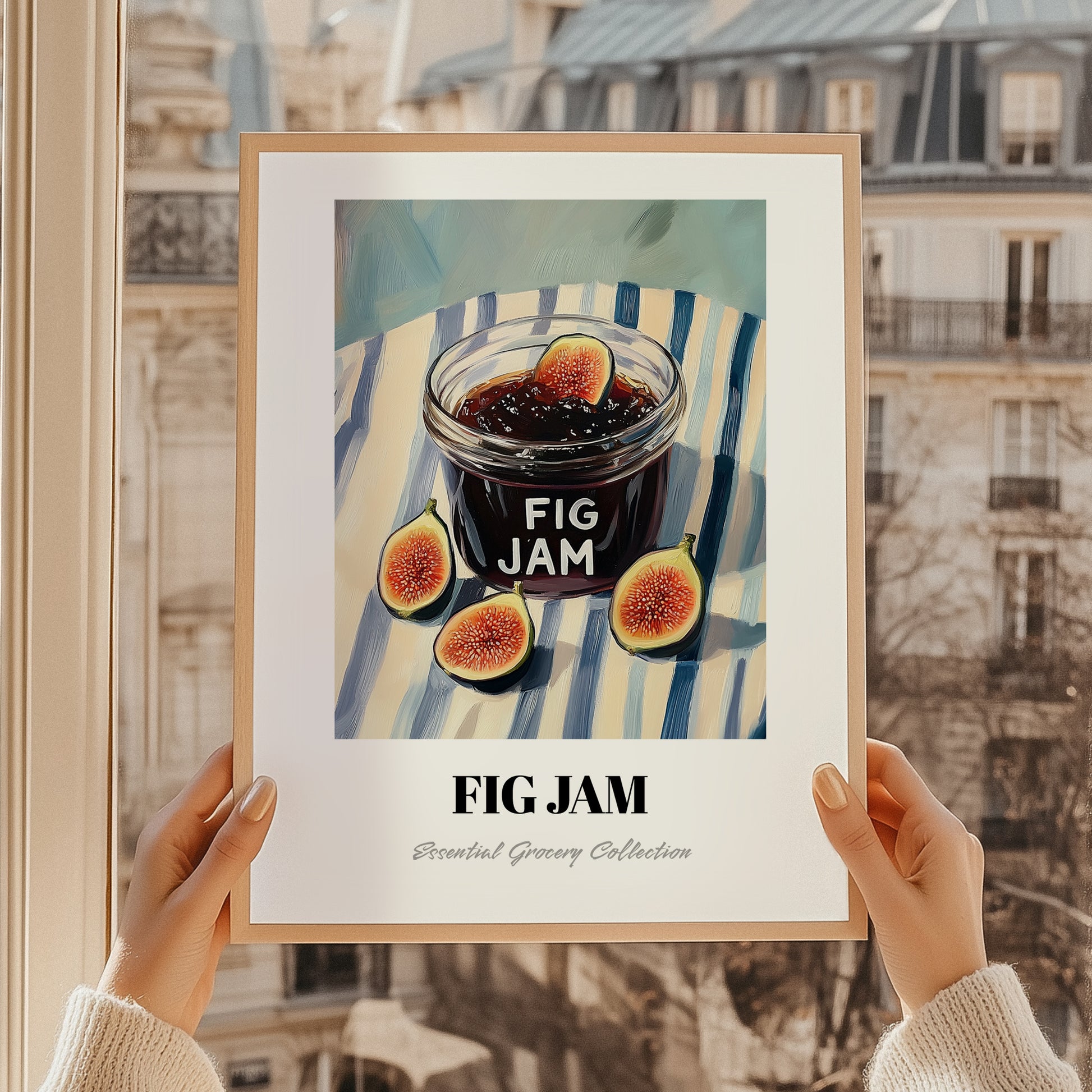 Fig Jam – on Striped Tablecloth, Jam Wall Decor, styled in a charming Paris street view