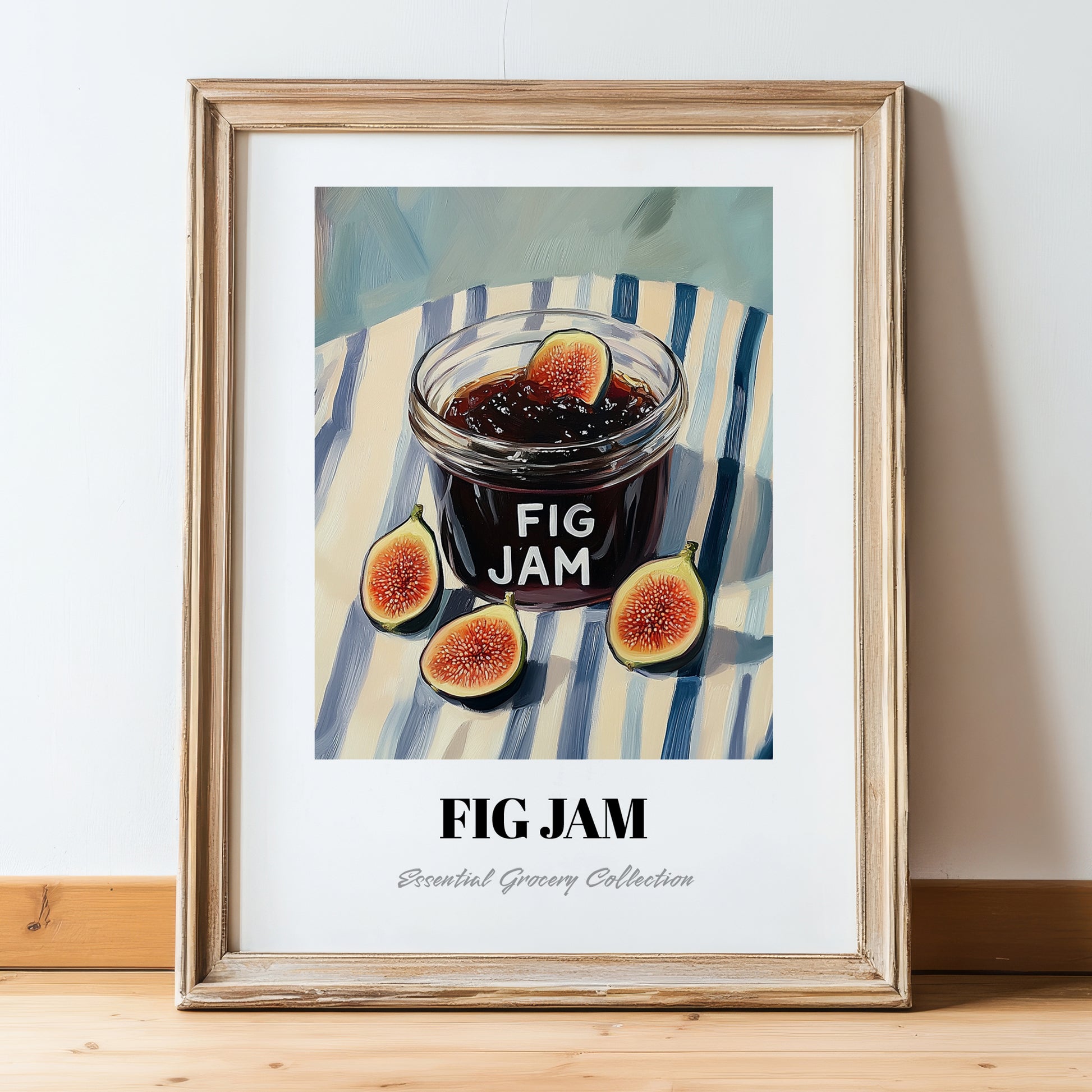 Fig Jam – on Striped Tablecloth, Jam Wall Decor, in wooden frame leaning on the floor