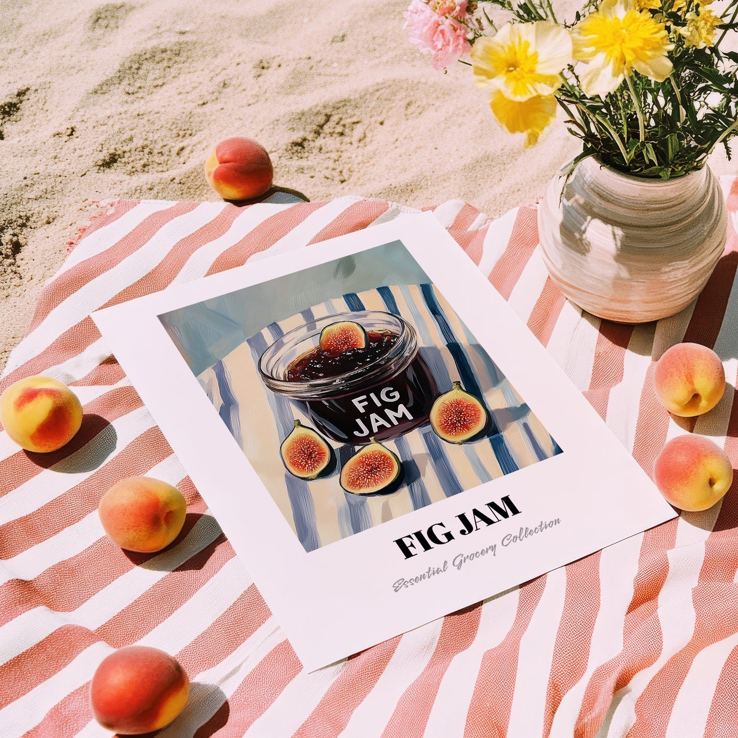 Fig Jam – on Striped Tablecloth, Jam Wall Decor, unframed on coastal sand