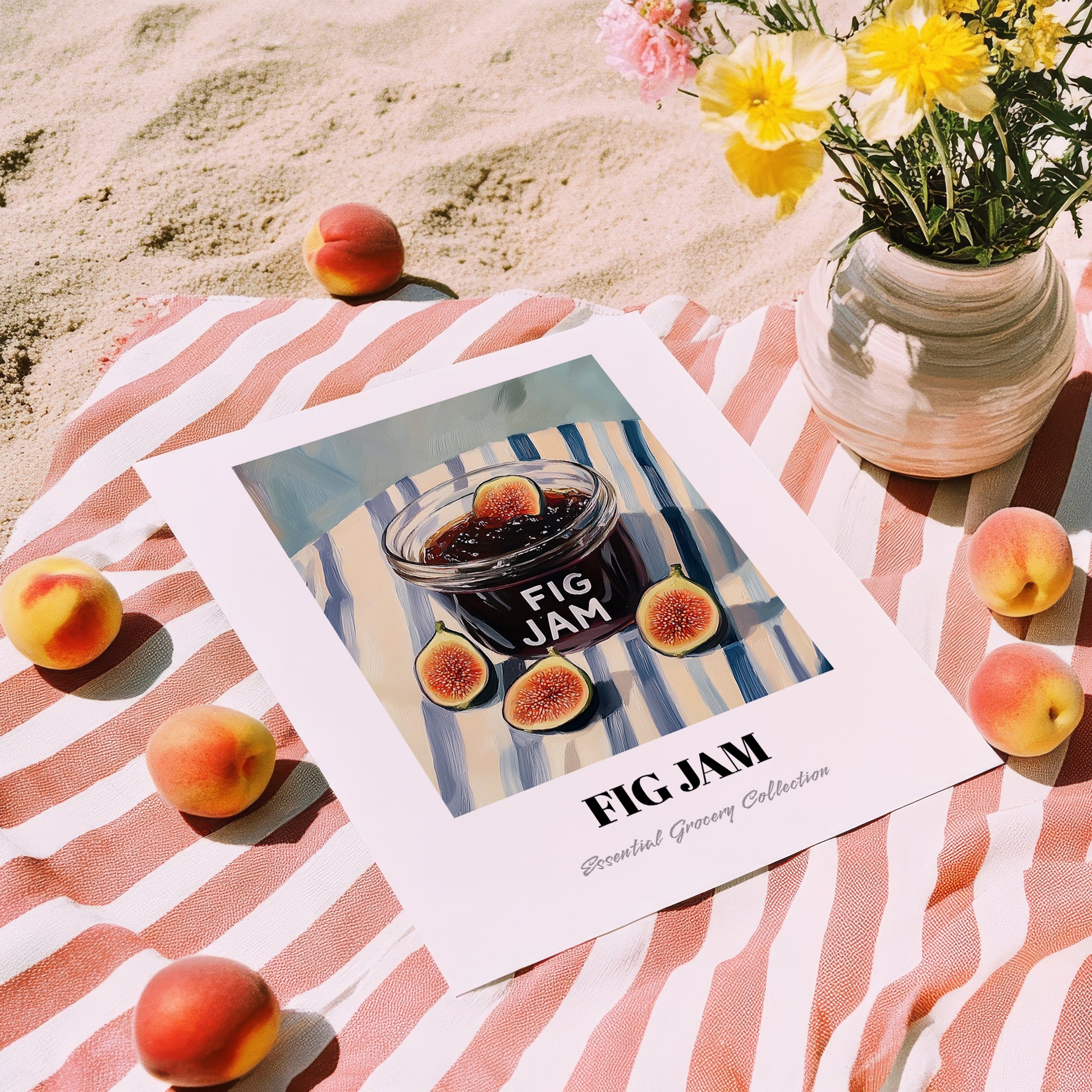 Fig Jam – on Striped Tablecloth, Jam Wall Decor, unframed on coastal sand