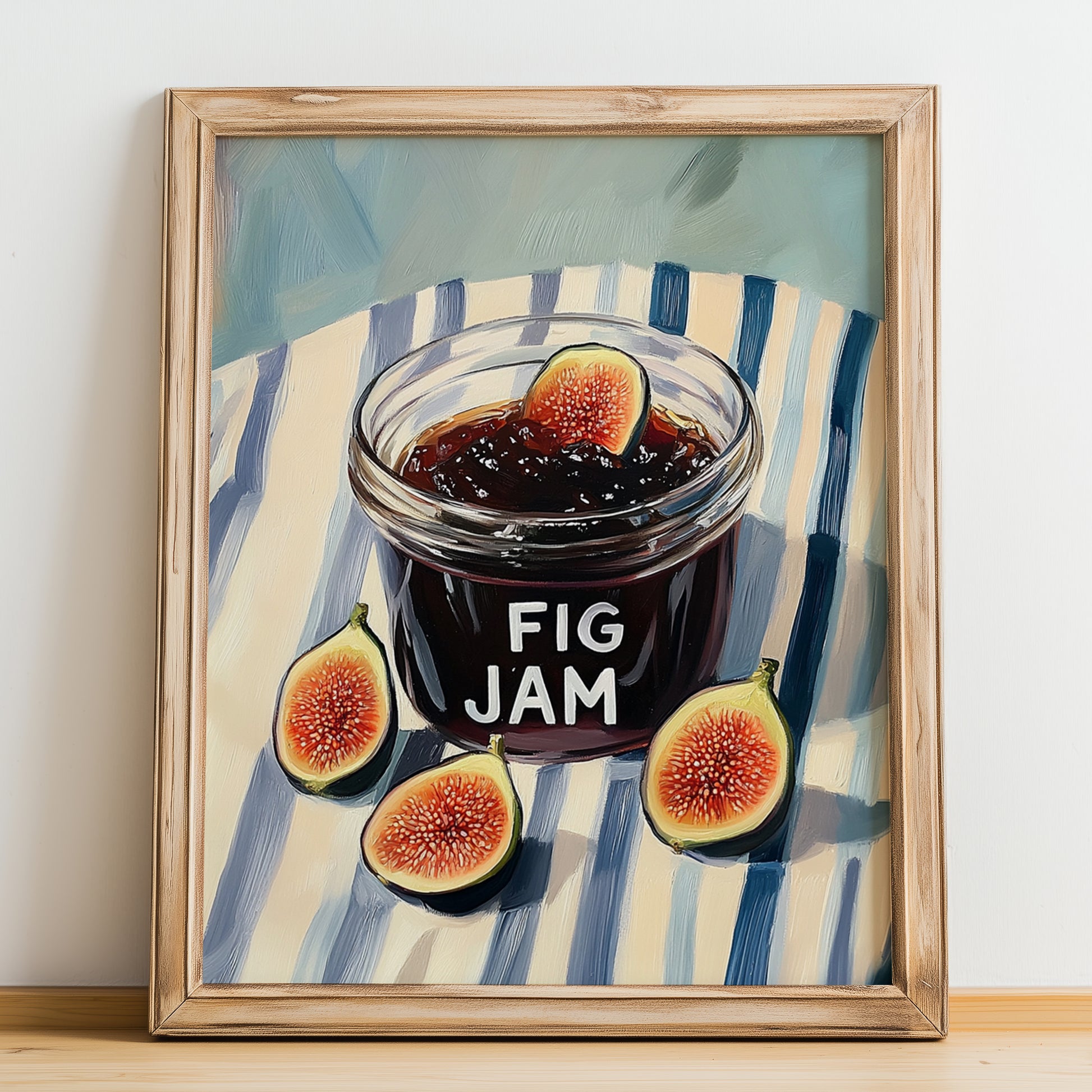 Fig Jam – on Striped Tablecloth, Jam Wall Decor, no-text version framed in wood