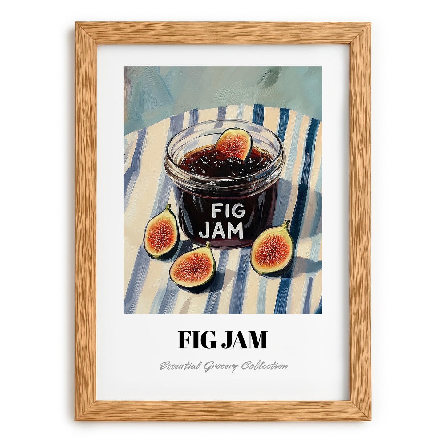 Fig Jam – on Striped Tablecloth, Jam Wall Decor, set in oak frame