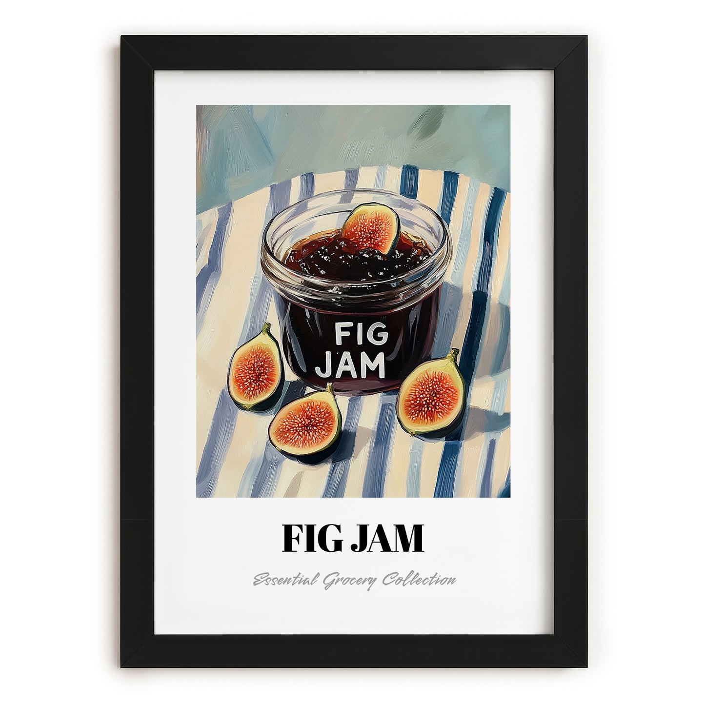 Fig Jam – on Striped Tablecloth, Jam Wall Decor, in sleek black frame