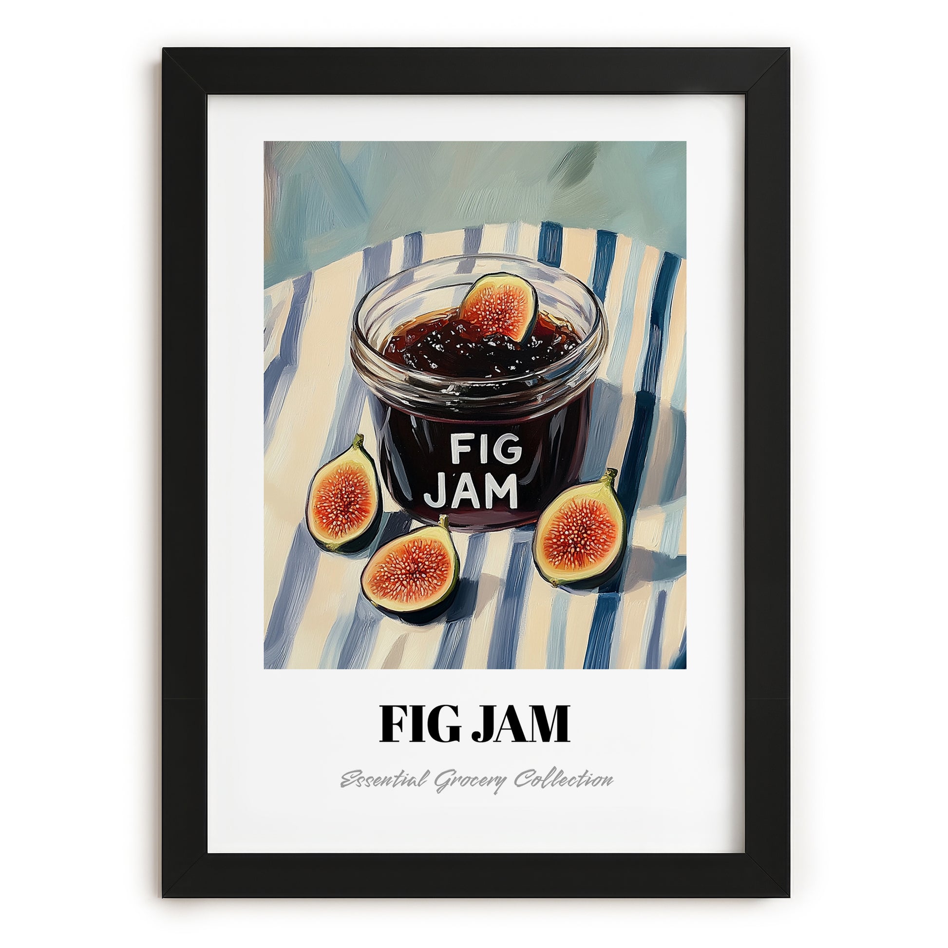 Fig Jam – on Striped Tablecloth, Jam Wall Decor, in sleek black frame