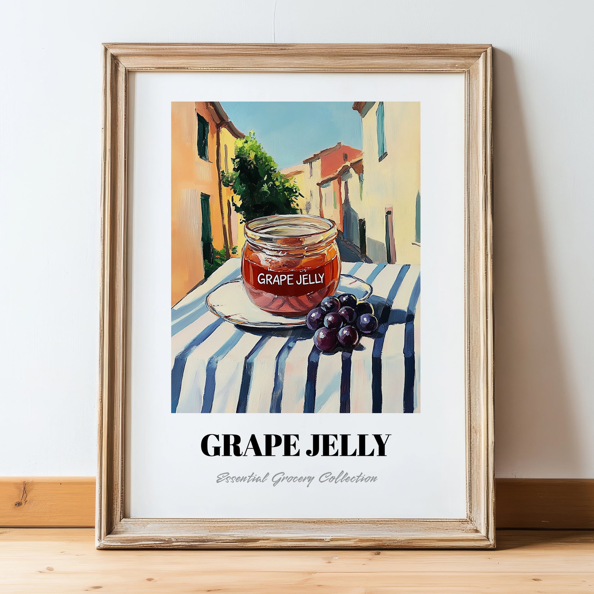 Grape Jelly – Italian Café on the Corner, Jam Illustration, in wooden frame leaning on the floor