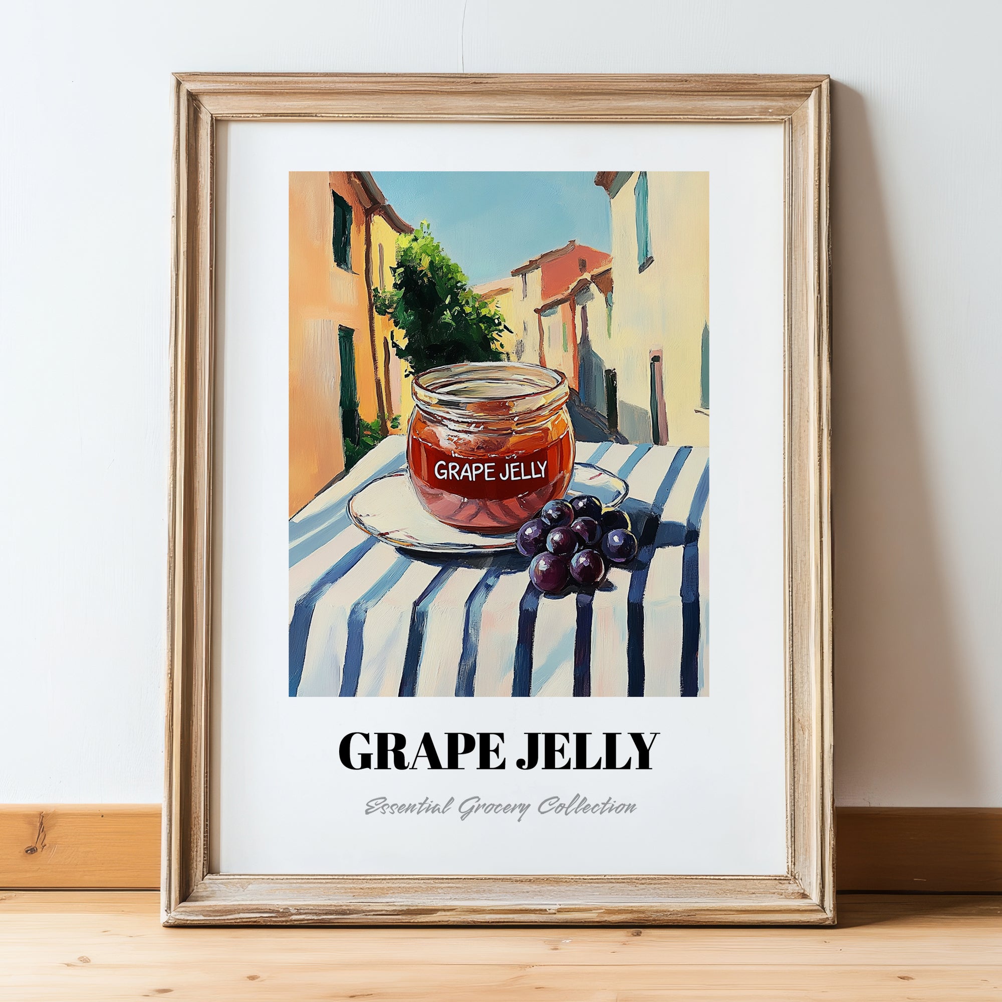 Grape Jelly – Italian Café on the Corner, Jam Illustration, in wooden frame leaning on the floor