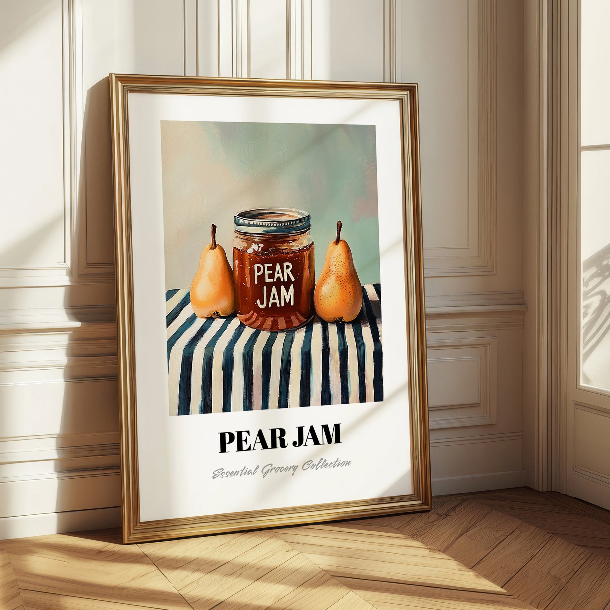 Pear Jam – on Striped Tablecloth, Jam Poster