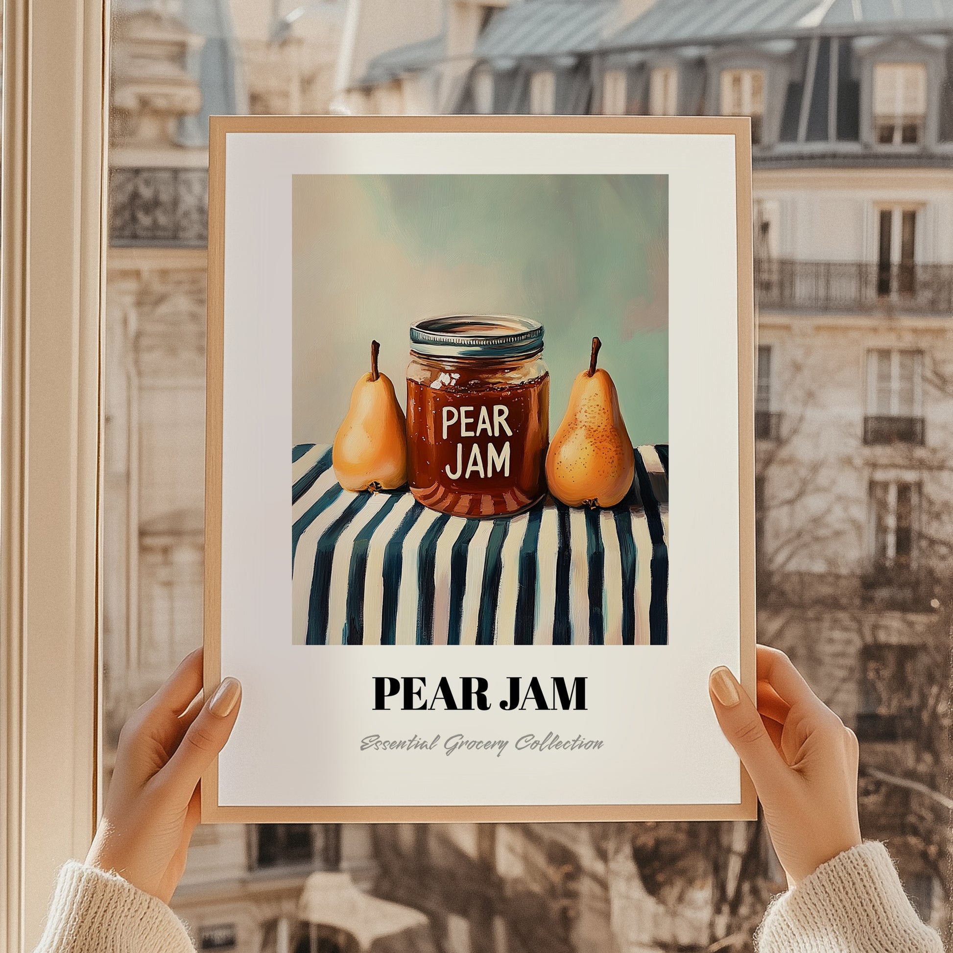 Pear Jam – on Striped Tablecloth, Jam Poster, styled in a charming Paris street view