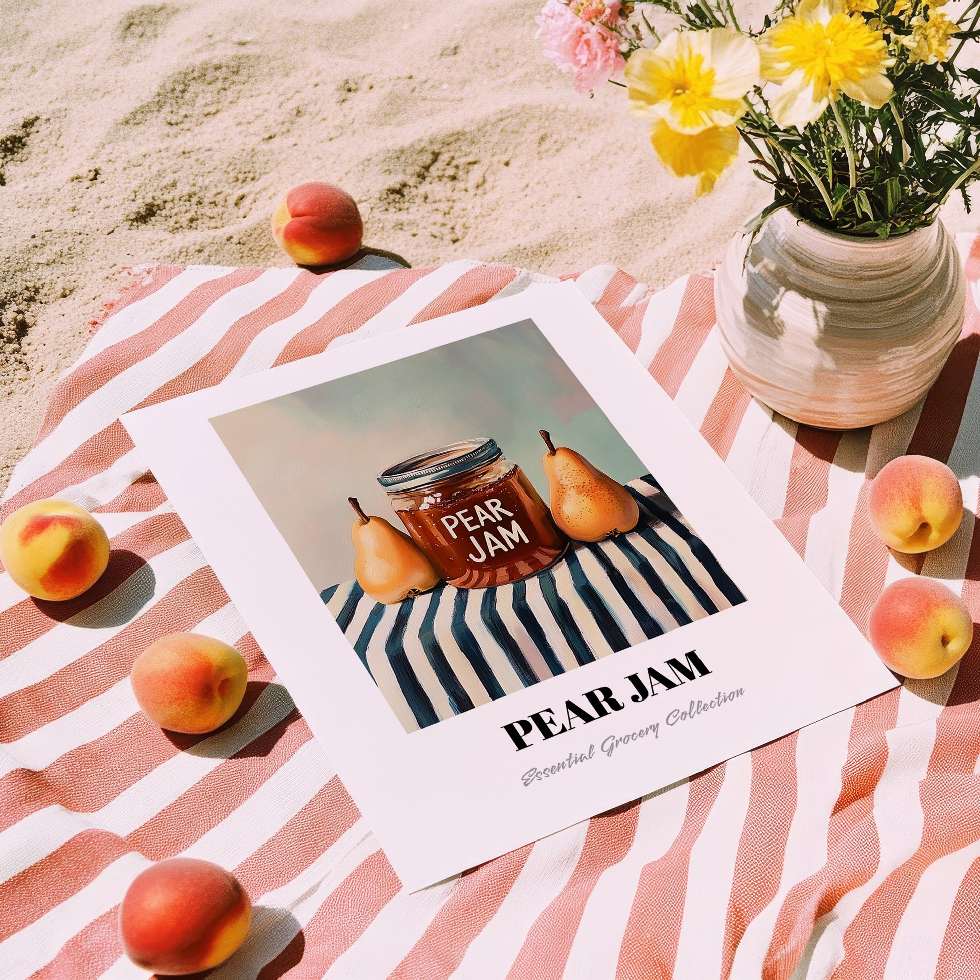 Pear Jam – on Striped Tablecloth, Jam Poster, unframed on coastal sand