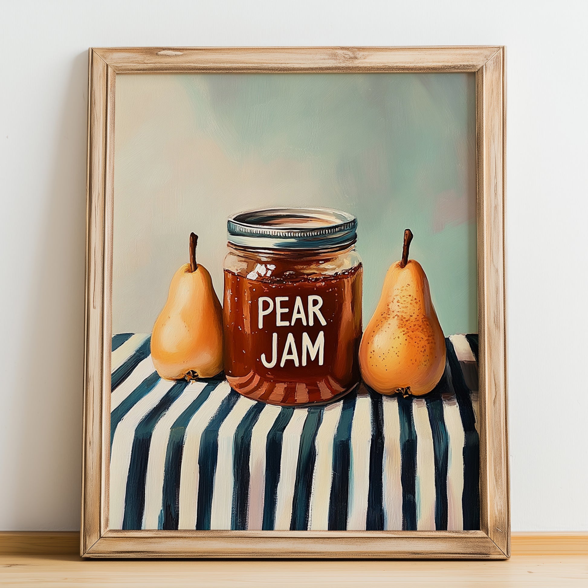 Pear Jam – on Striped Tablecloth, Jam Poster, no-text version framed in wood
