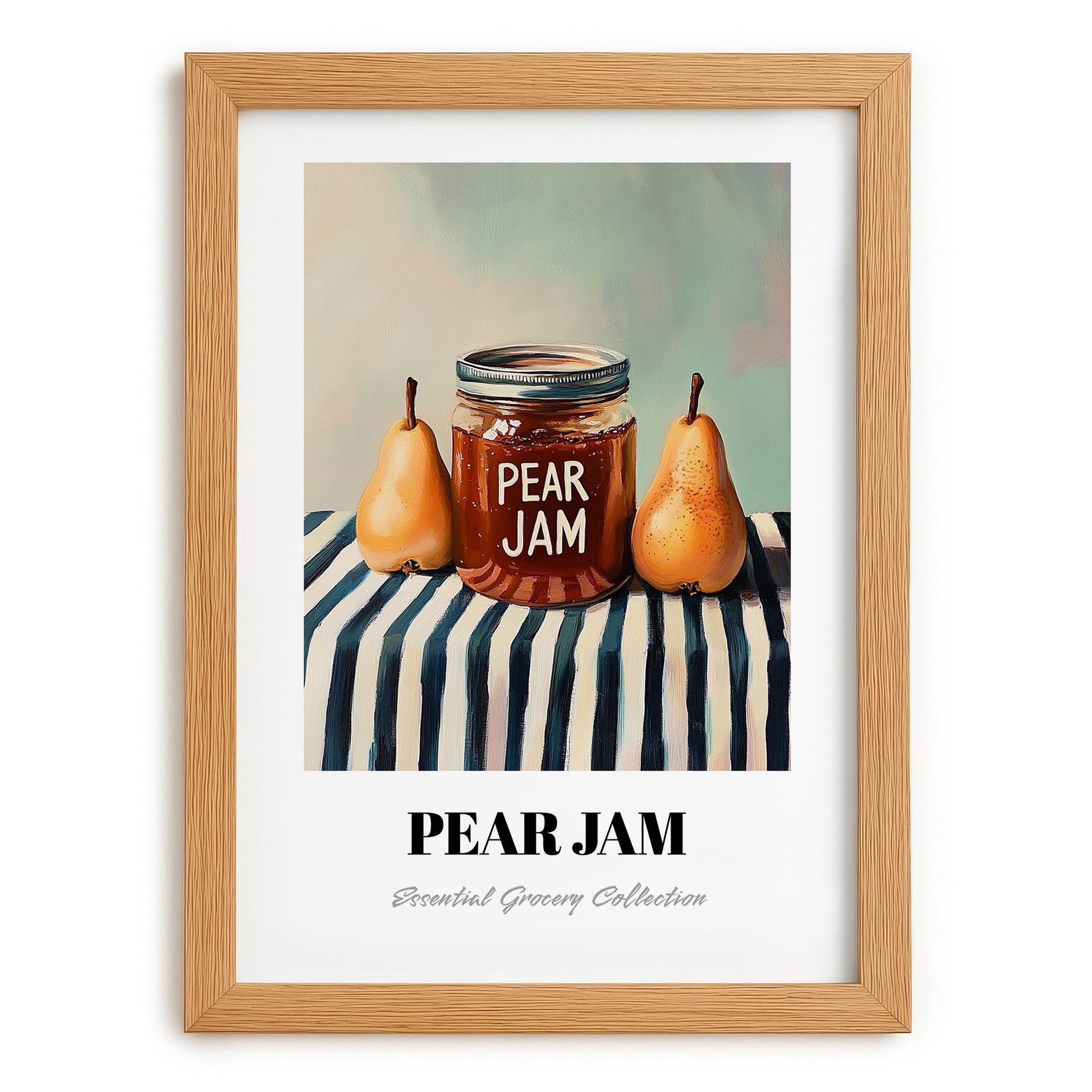 Pear Jam – on Striped Tablecloth, Jam Poster, set in oak frame