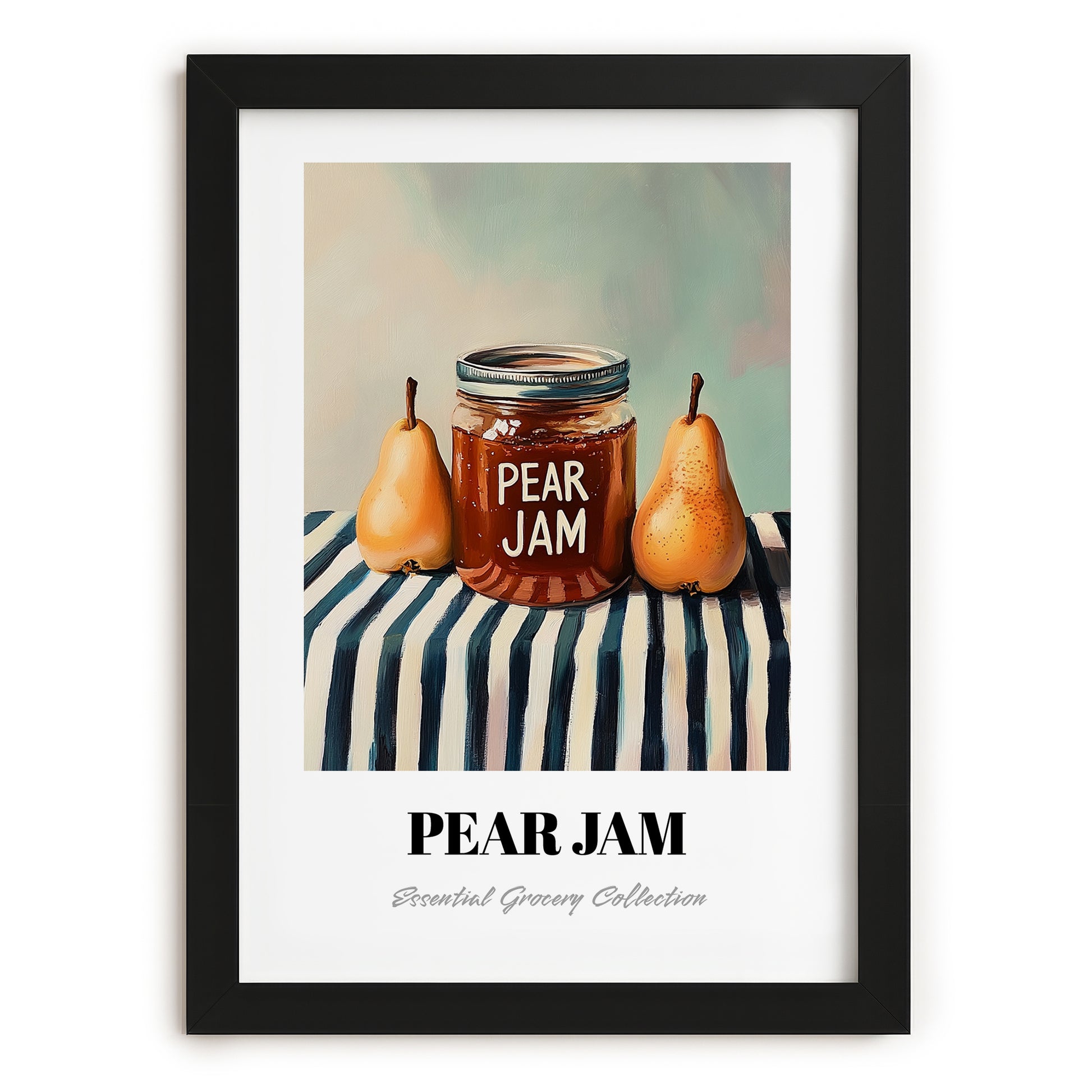 Pear Jam – on Striped Tablecloth, Jam Poster, in sleek black frame