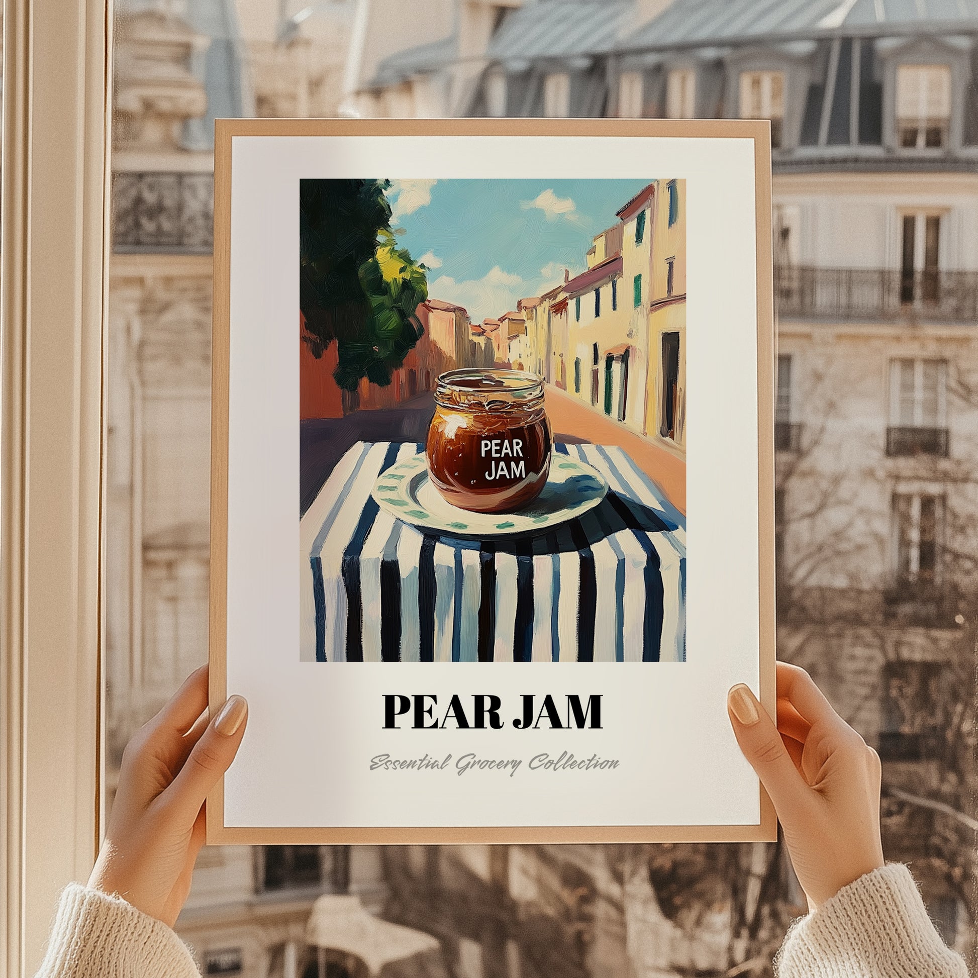 Pear Jam – Italian Urban Café Scene, Jam Still Life, styled in a charming Paris street view