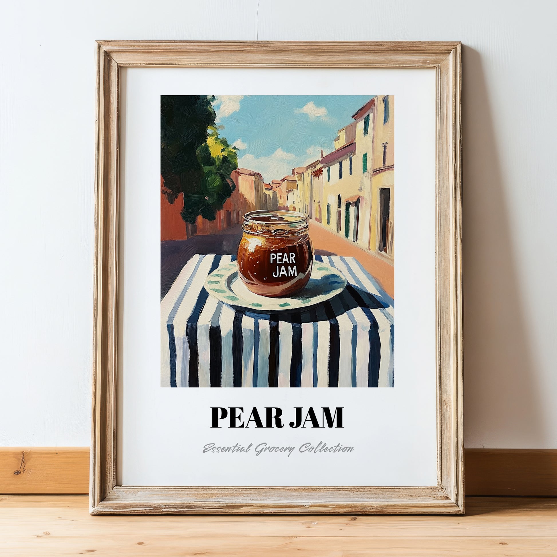 Pear Jam – Italian Urban Café Scene, Jam Still Life, in wooden frame leaning on the floor