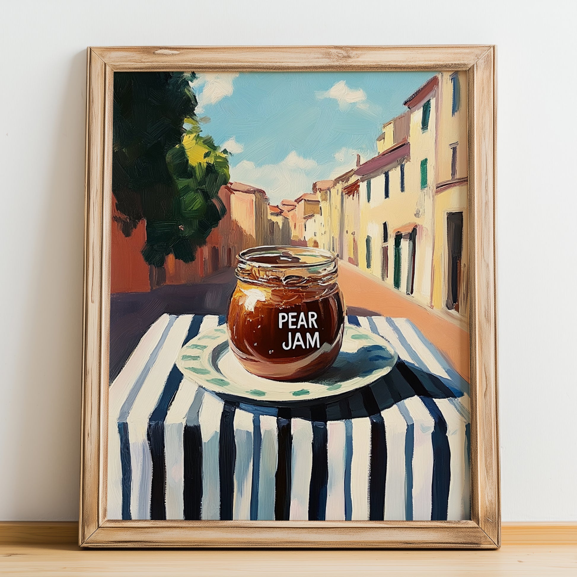 Pear Jam – Italian Urban Café Scene, Jam Still Life, no-text version framed in wood