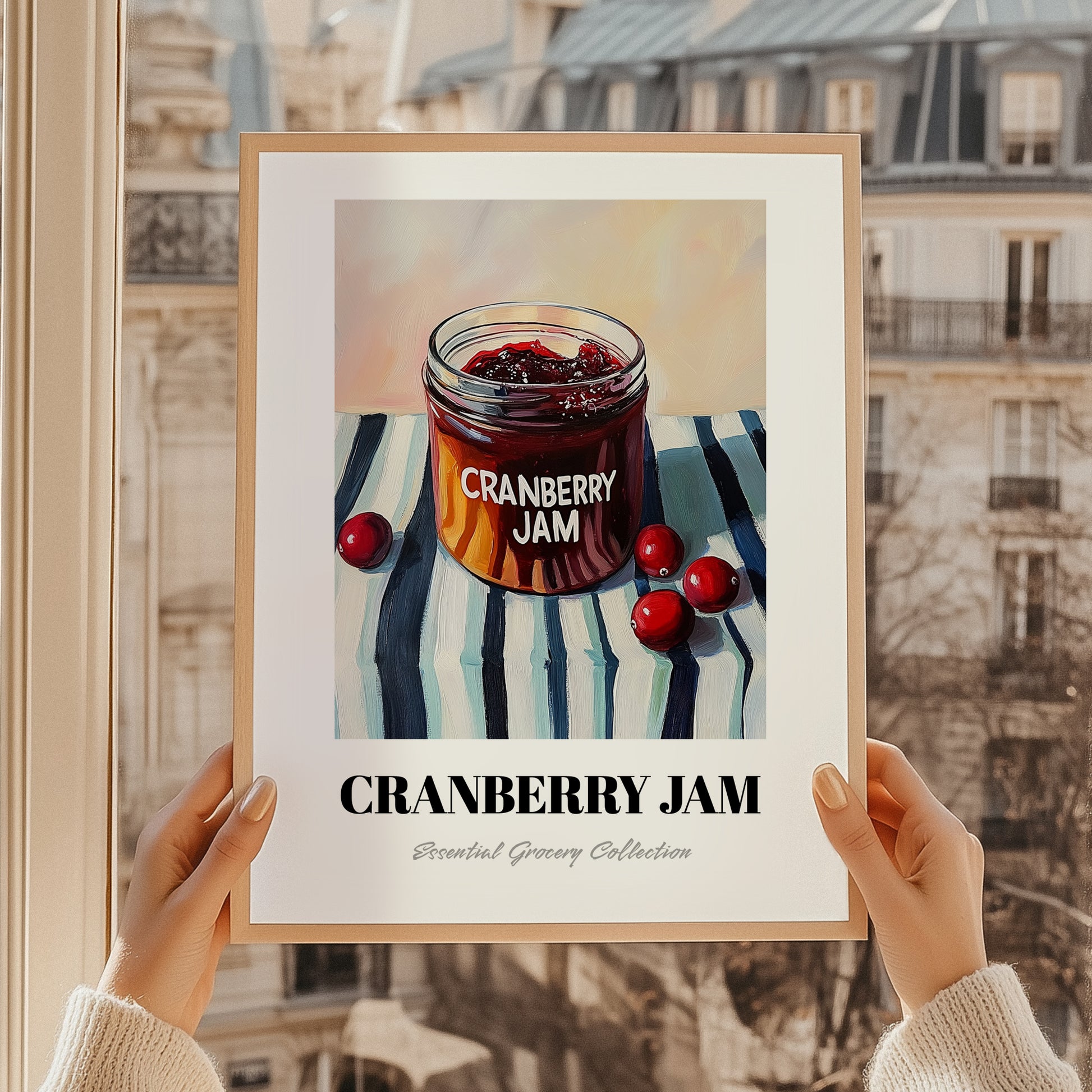 Cranberry Jam – on Striped Tablecloth, Jam Wall Poster, styled in a charming Paris street view
