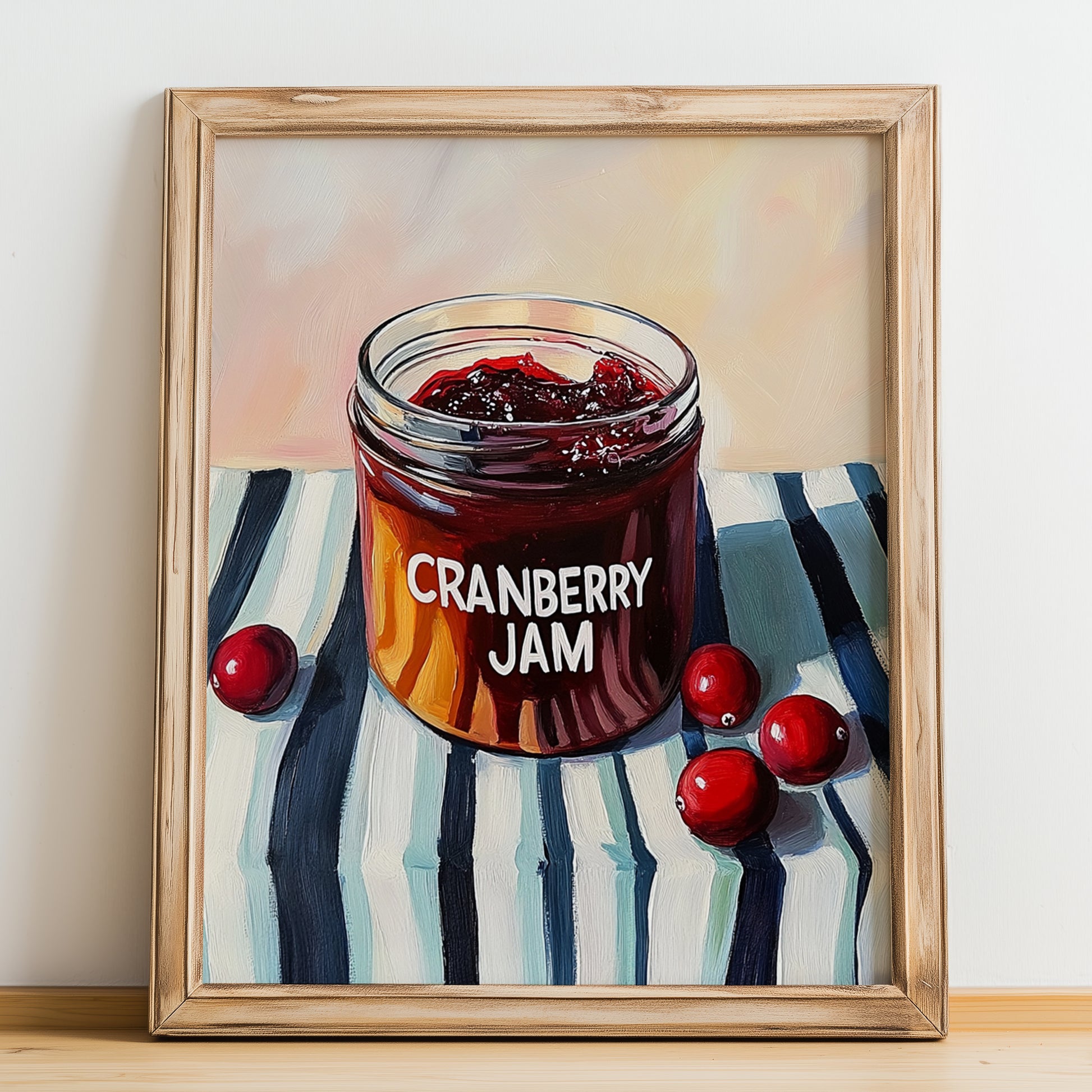 Cranberry Jam – on Striped Tablecloth, Jam Wall Poster, no-text version framed in wood