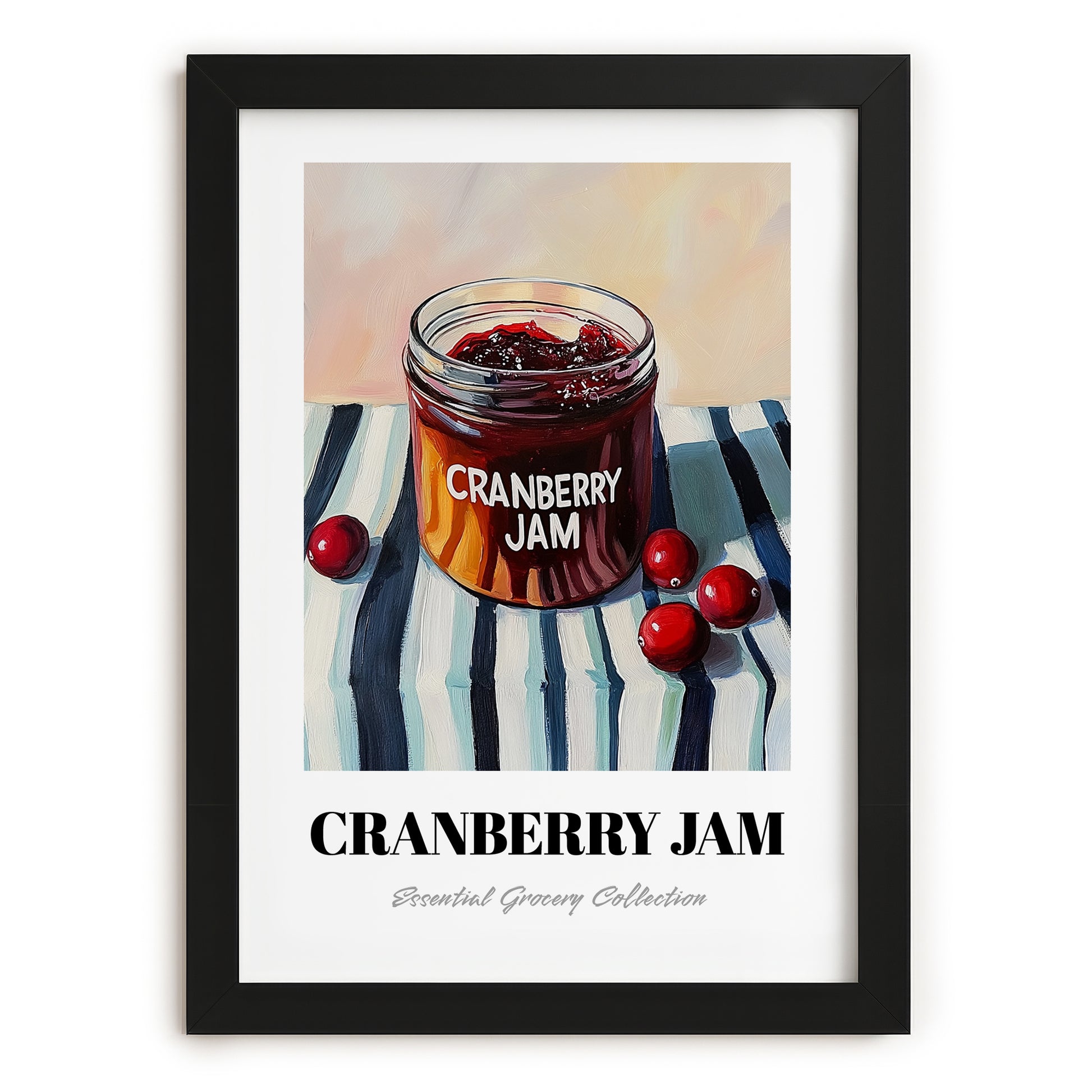 Cranberry Jam – on Striped Tablecloth, Jam Wall Poster, in sleek black frame