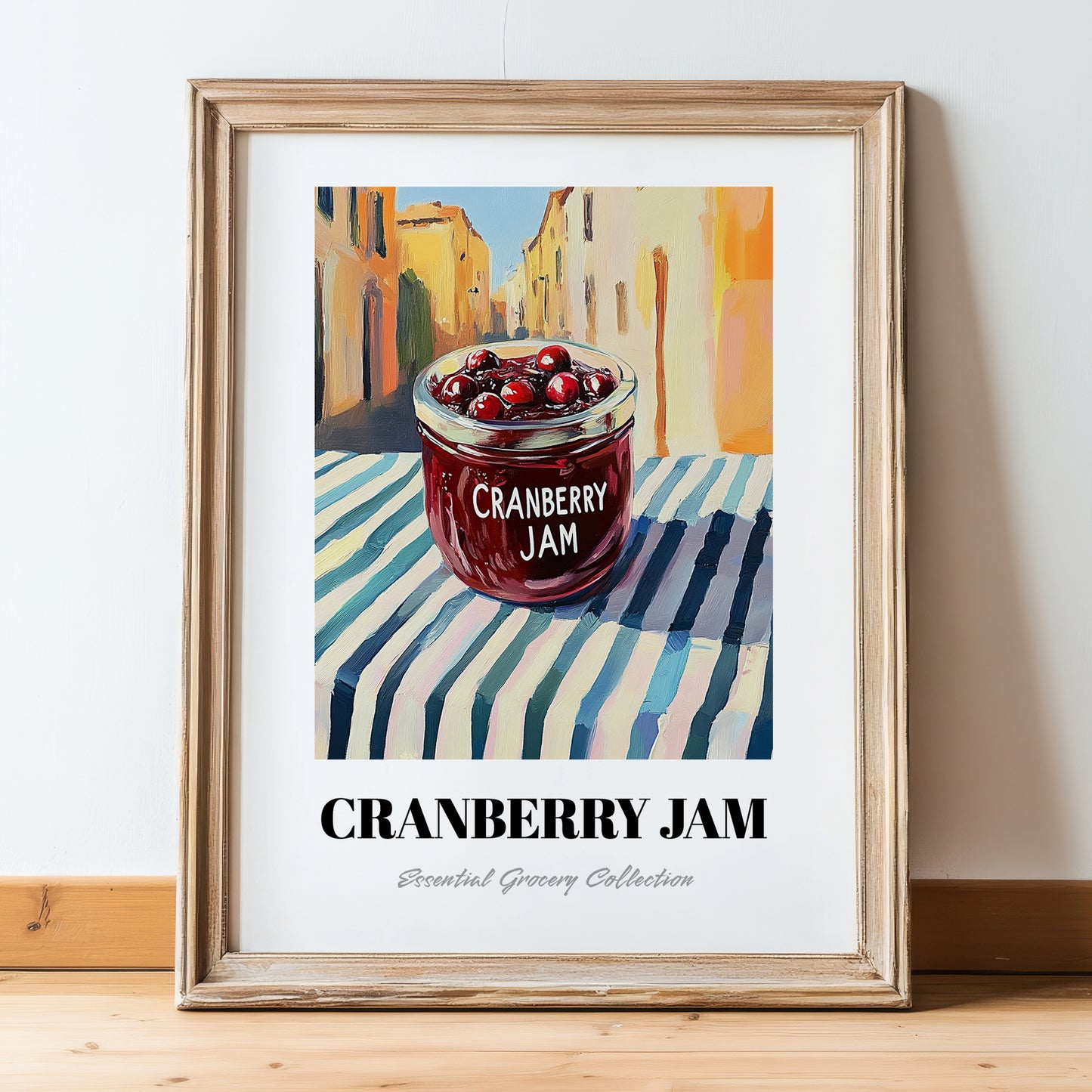 Cranberry Jam – Italian Street Café Scene, Jam Painting, in wooden frame leaning on the floor
