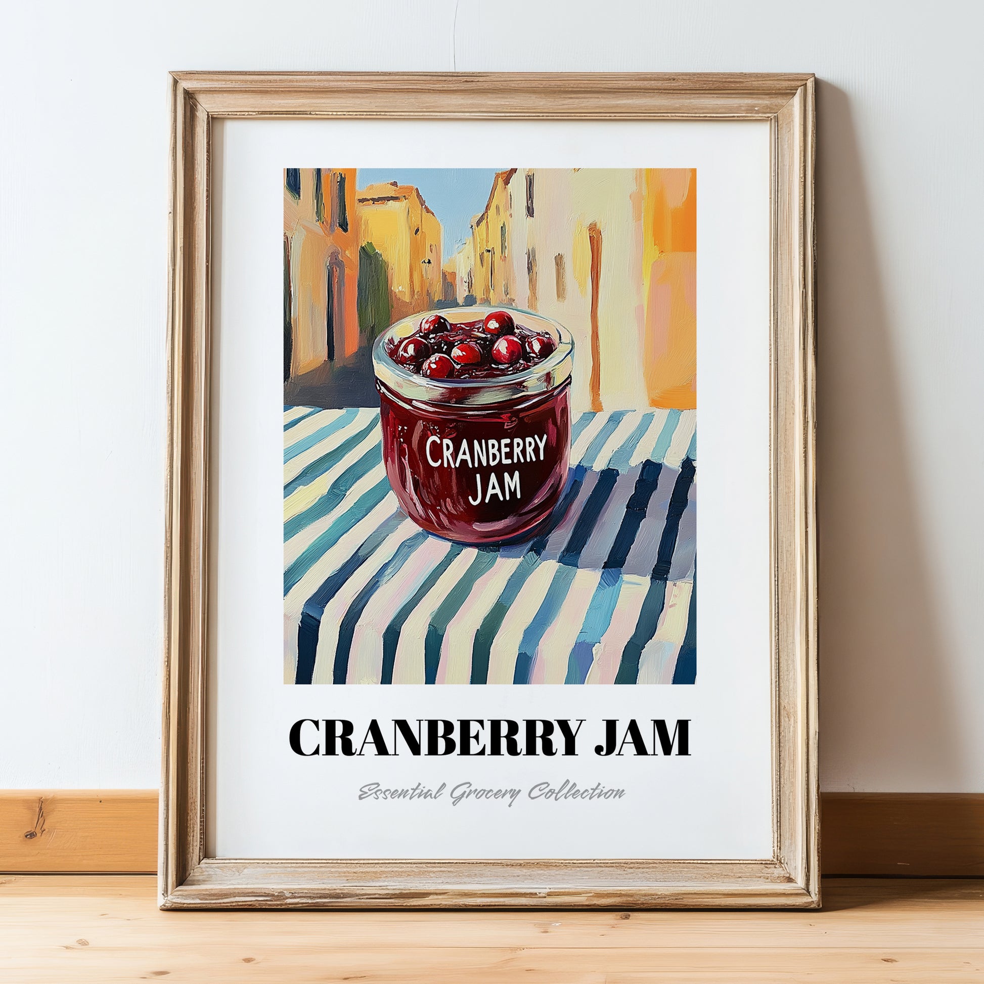 Cranberry Jam – Italian Street Café Scene, Jam Painting, in wooden frame leaning on the floor