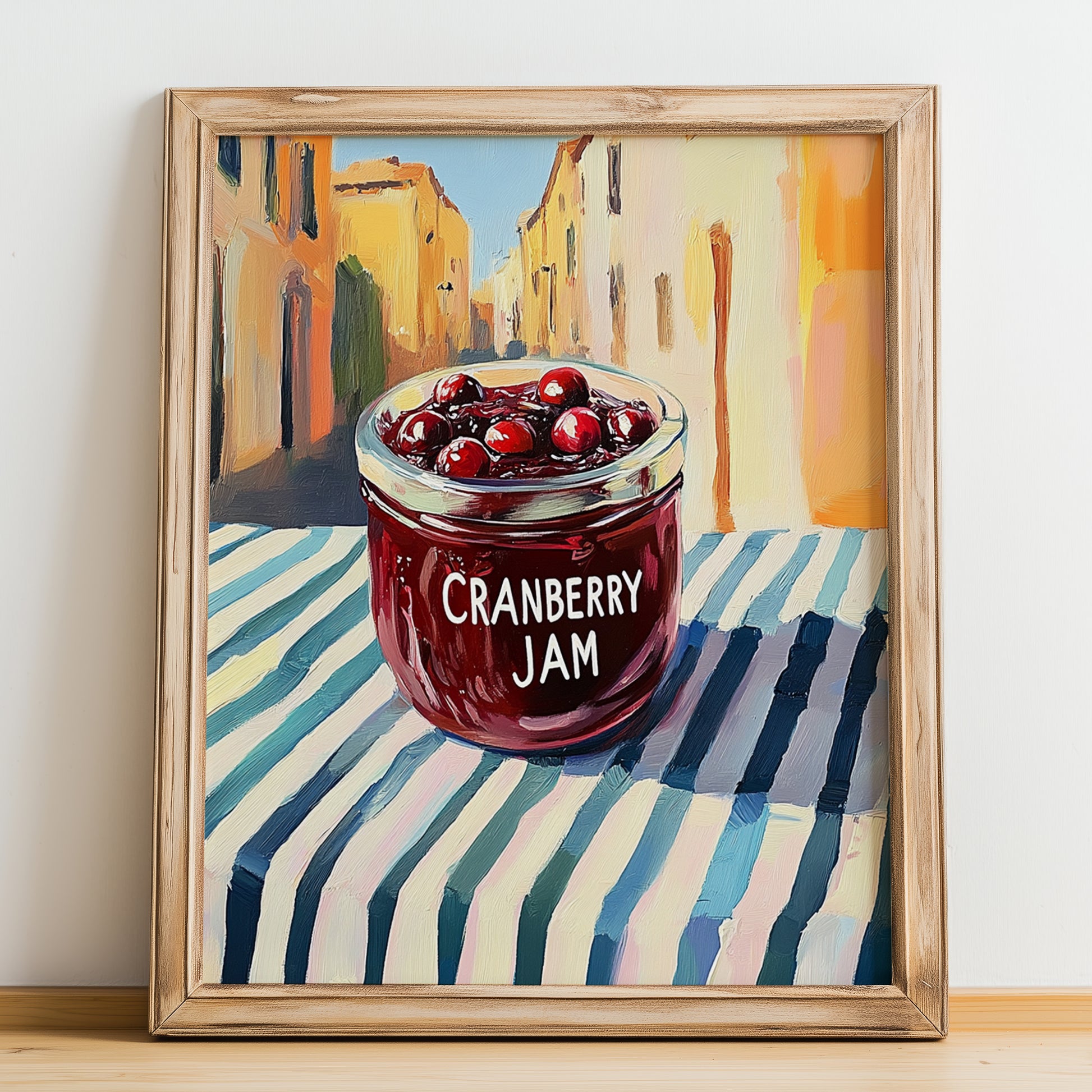 Cranberry Jam – Italian Street Café Scene, Jam Painting, no-text version framed in wood