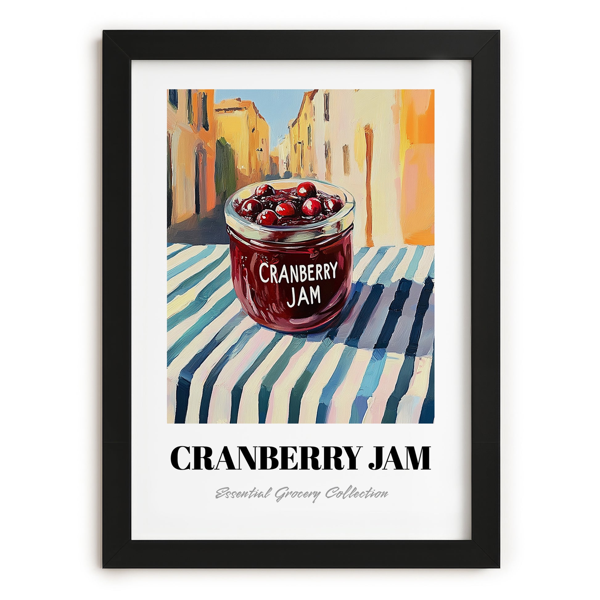 Cranberry Jam – Italian Street Café Scene, Jam Painting, in sleek black frame