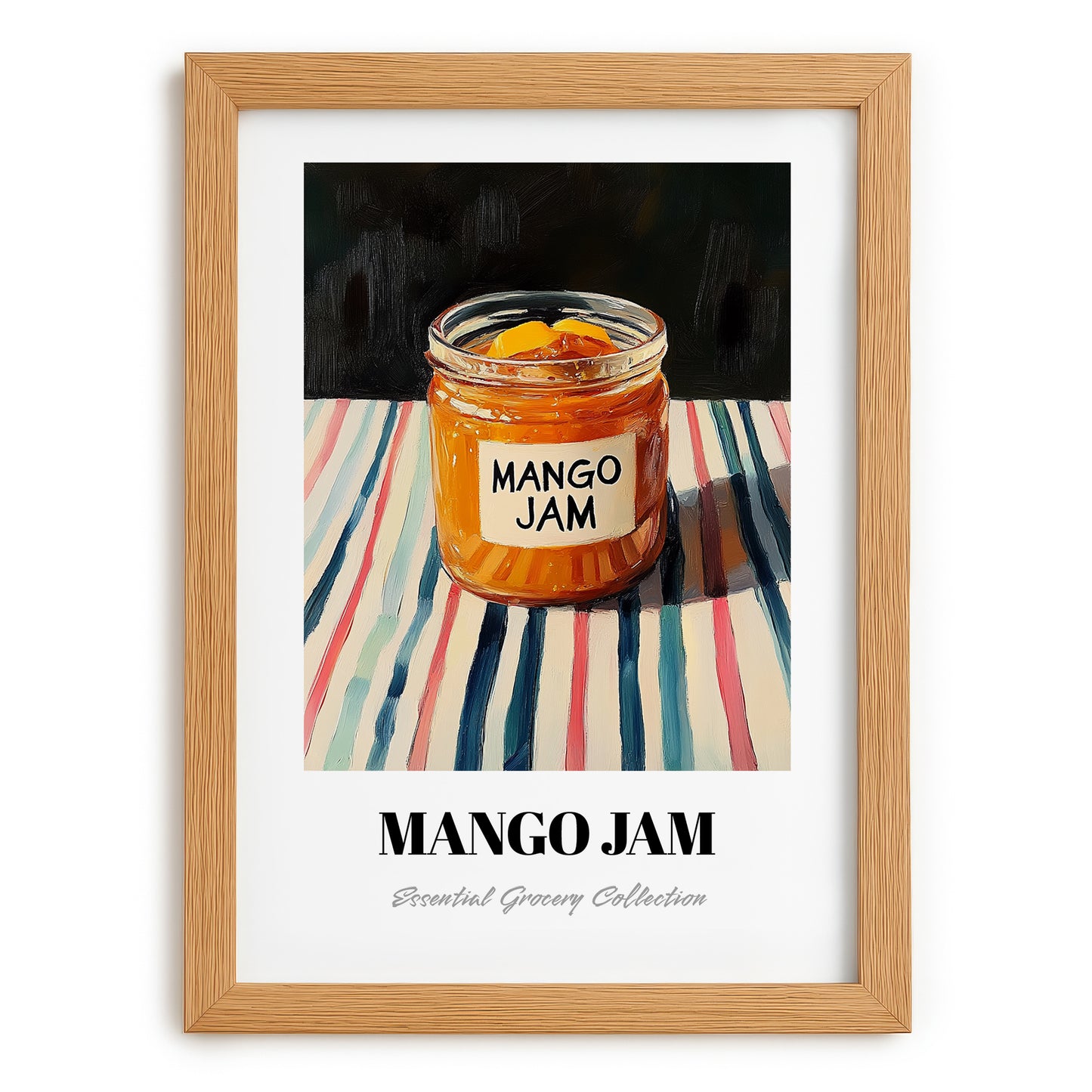 Mango Jam – on Striped Tablecloth, Jam Poster, set in oak frame
