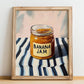 Banana Jam – on Striped Tablecloth, Jam Still Life, no-text version framed in wood