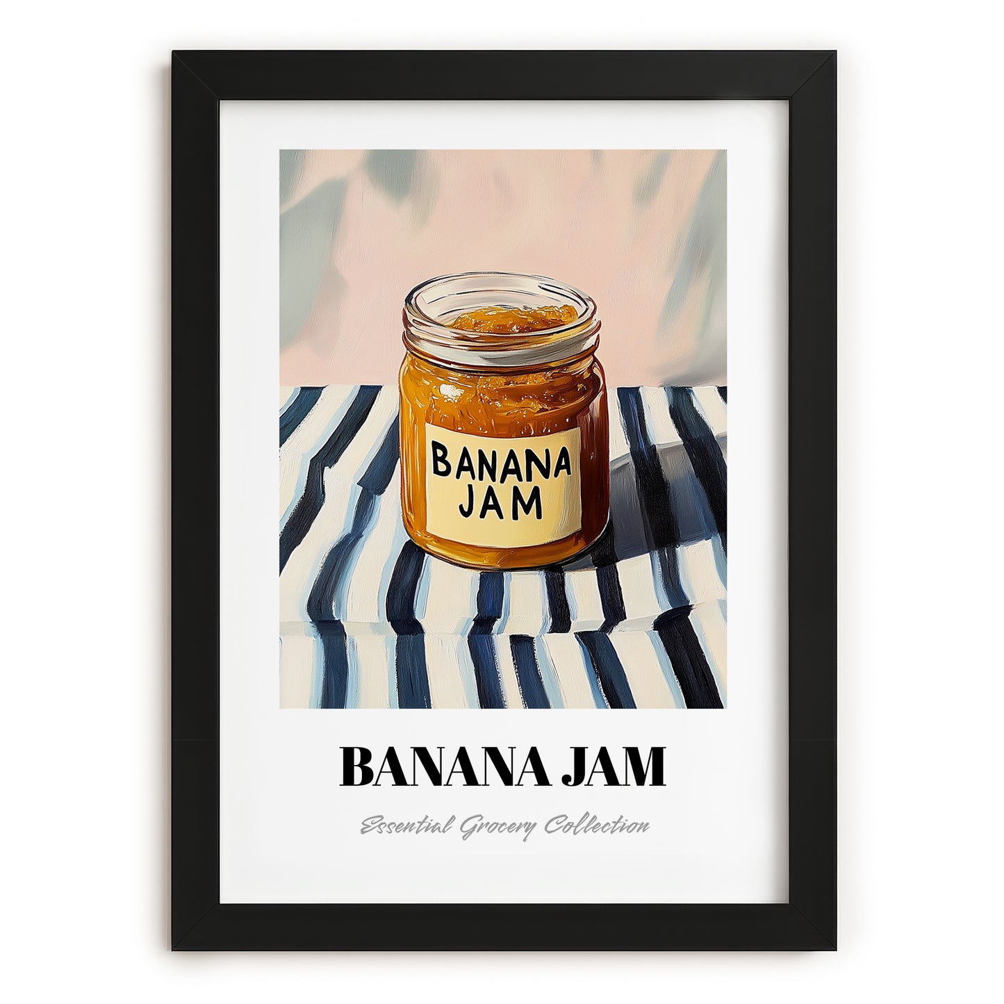 Banana Jam – on Striped Tablecloth, Jam Still Life, in sleek black frame