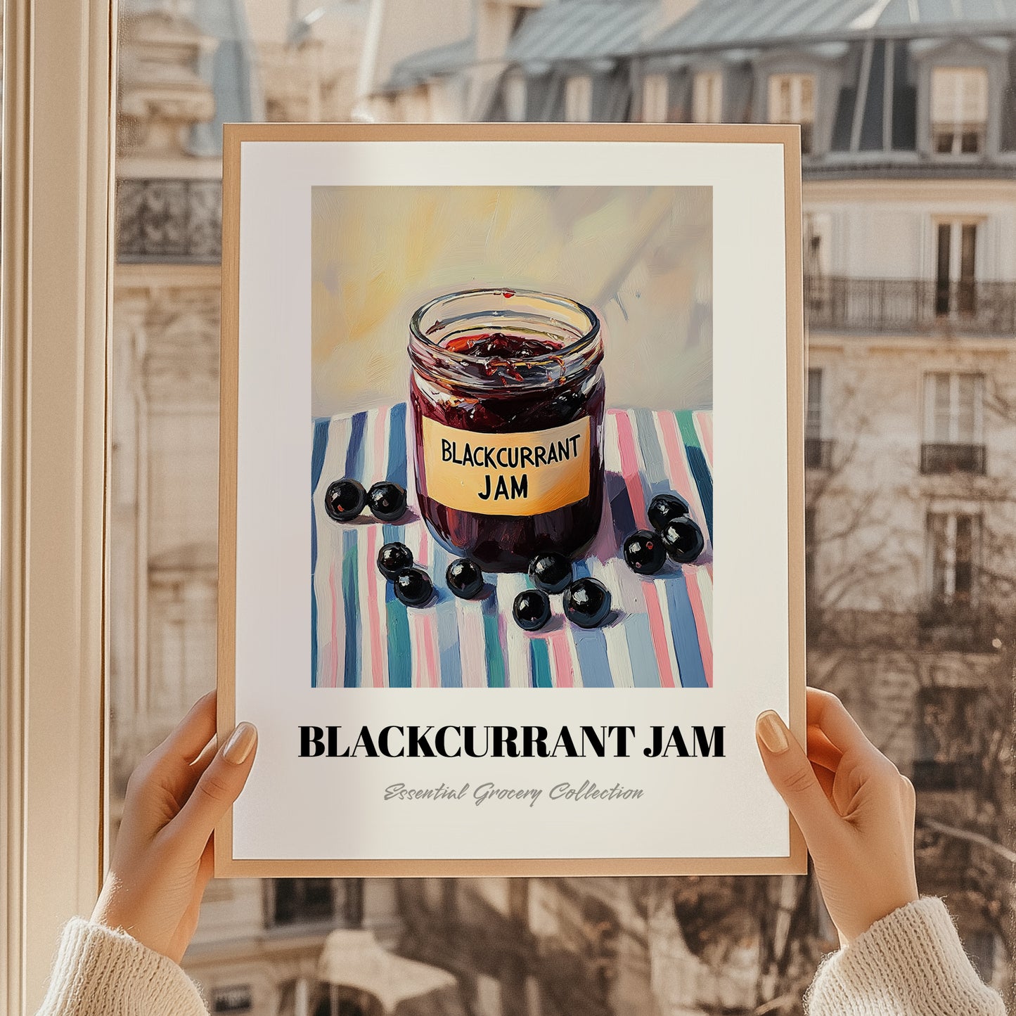 Blackcurrant Jam – on Striped Tablecloth, Jam Wall Decor, styled in a charming Paris street view
