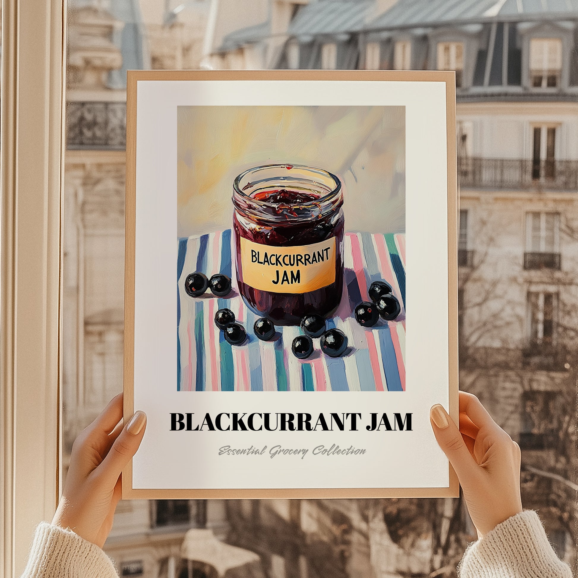 Blackcurrant Jam – on Striped Tablecloth, Jam Wall Decor, styled in a charming Paris street view