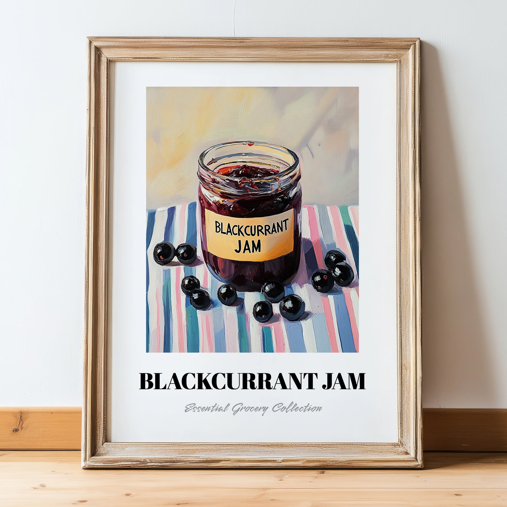Blackcurrant Jam – on Striped Tablecloth, Jam Wall Decor, in wooden frame leaning on the floor