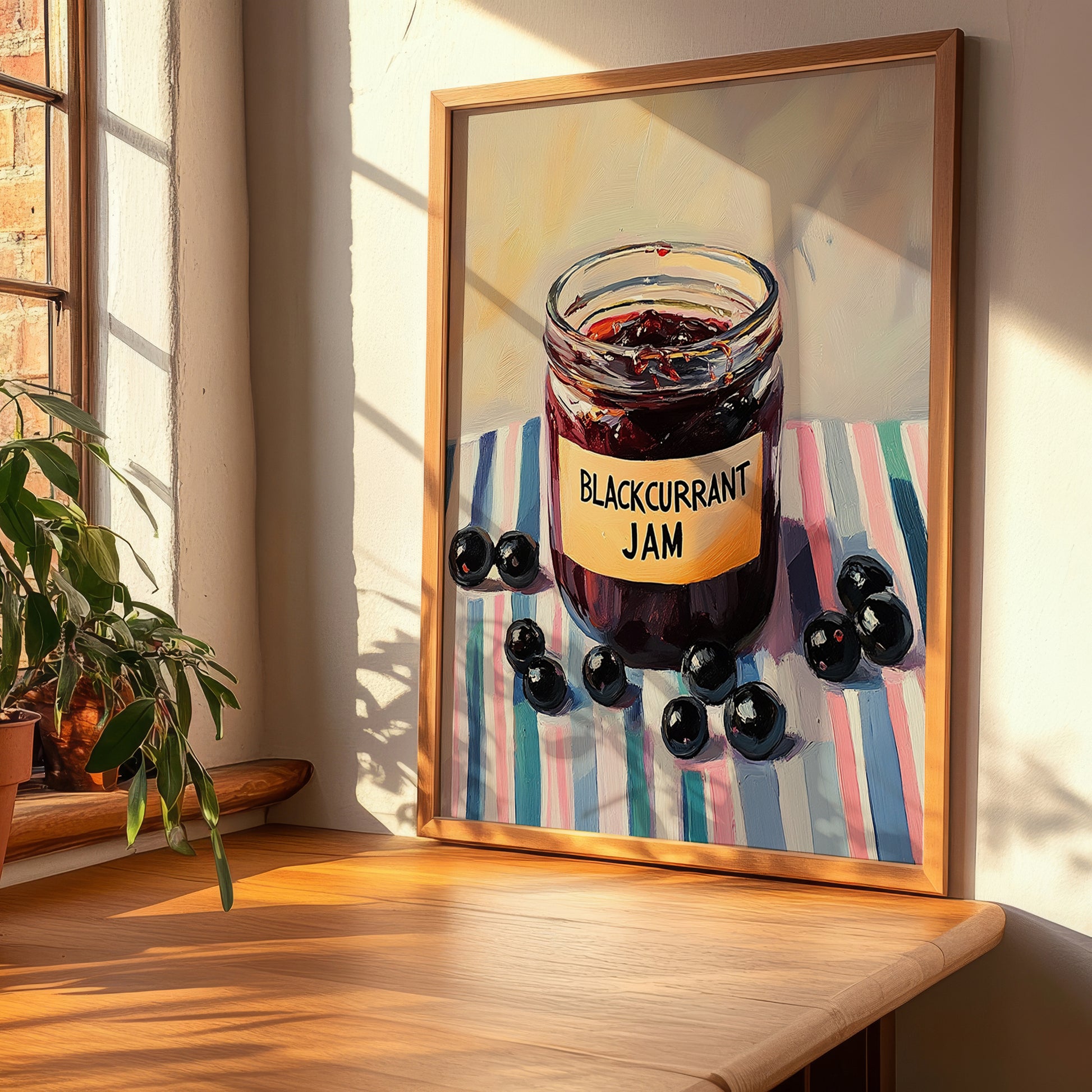 Blackcurrant Jam – on Striped Tablecloth, Jam Wall Decor, clean layout with no caption