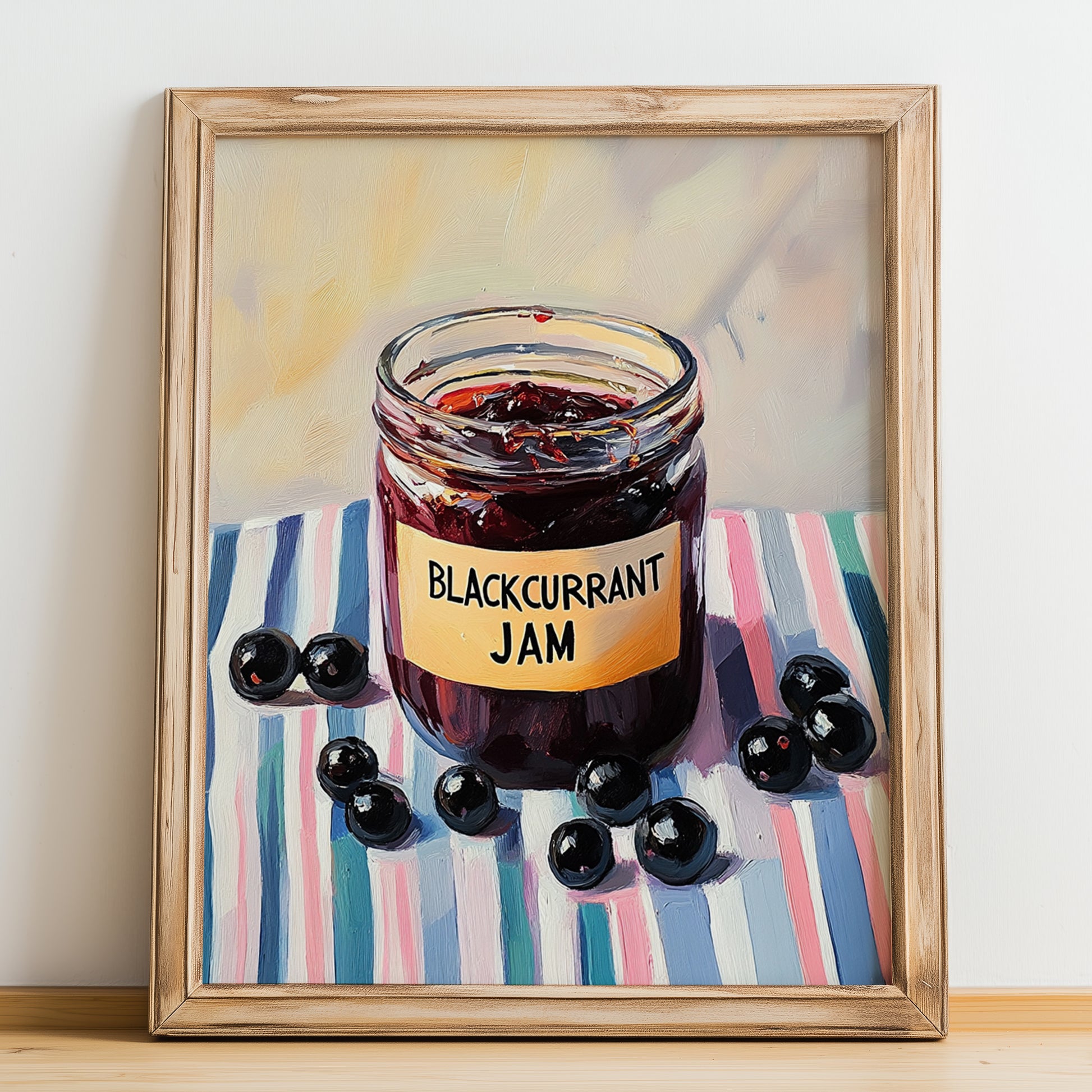 Blackcurrant Jam – on Striped Tablecloth, Jam Wall Decor, no-text version framed in wood